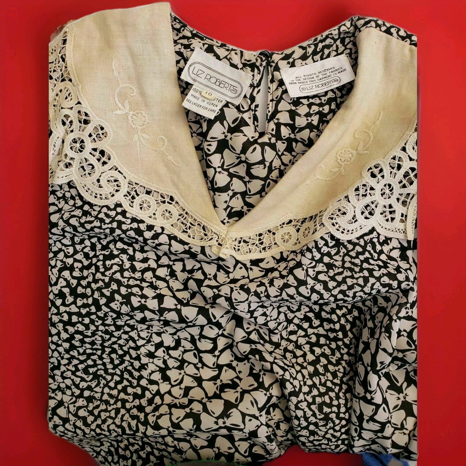 LIZ ROBERTS INC Vintage Black Beige Polyester 3/4 Sleeve women Dress Size 10