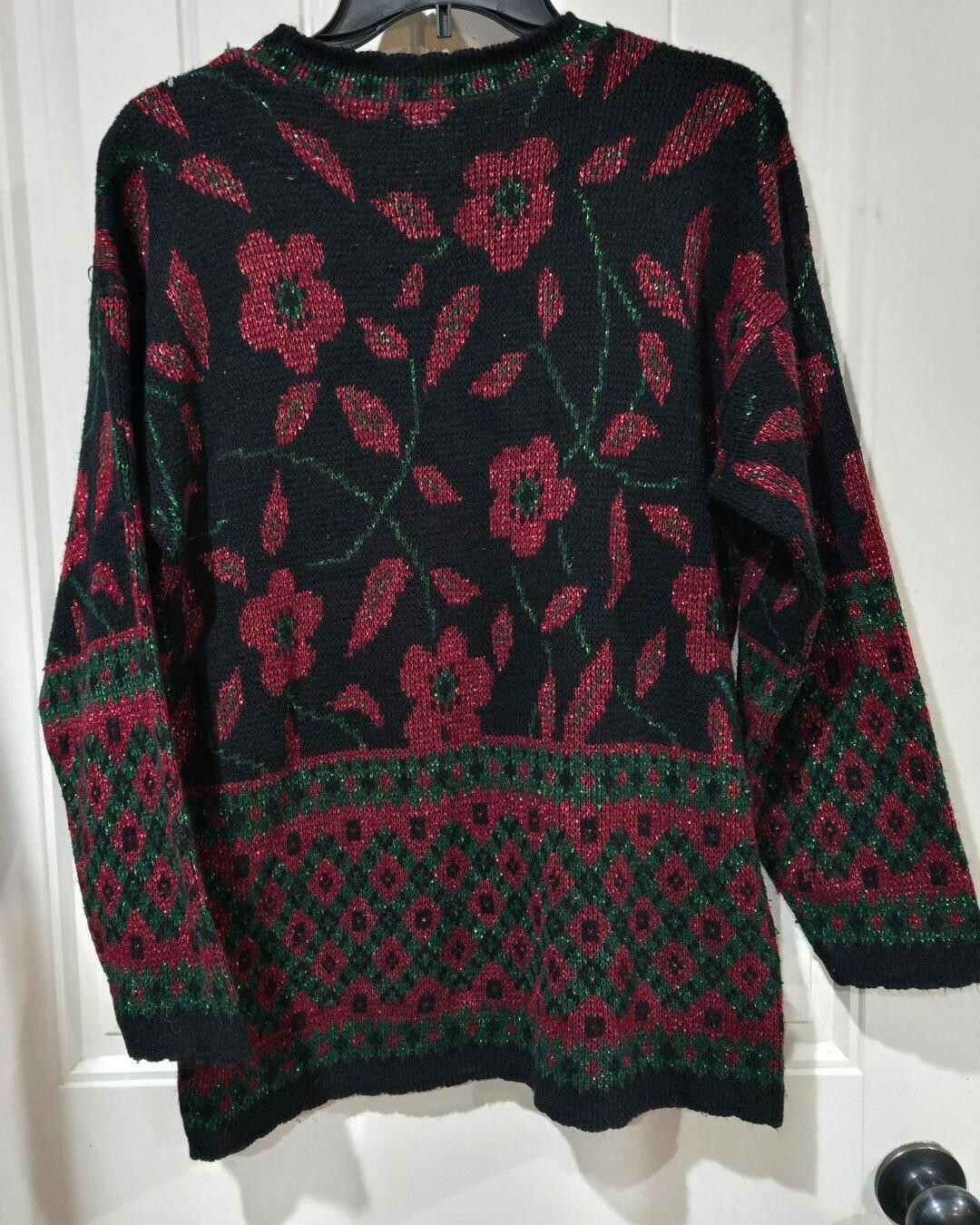Vintage 80s Red Green Metallic Floral Black Sweater Womens’ L? XL?-READ