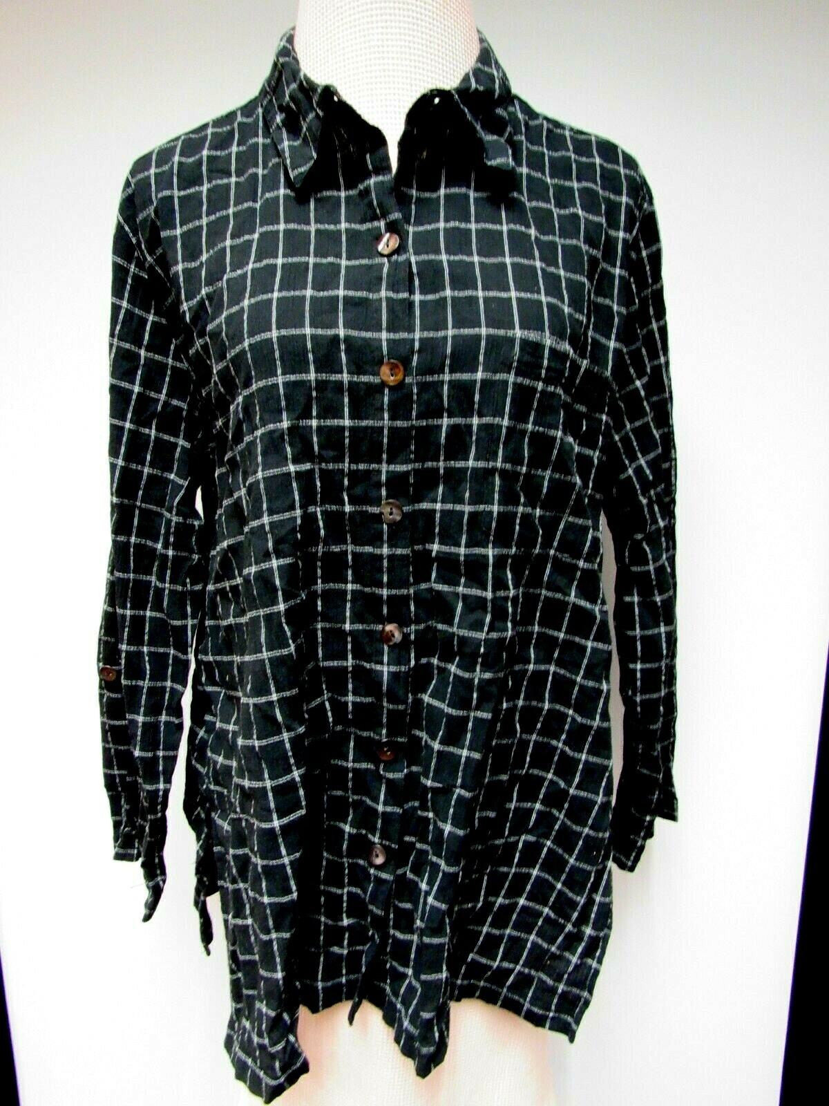 VTG CHICO’S DESIGN Cotton Blend Blouse Top Crinkle Plaid Black White 3 l XL EUC
