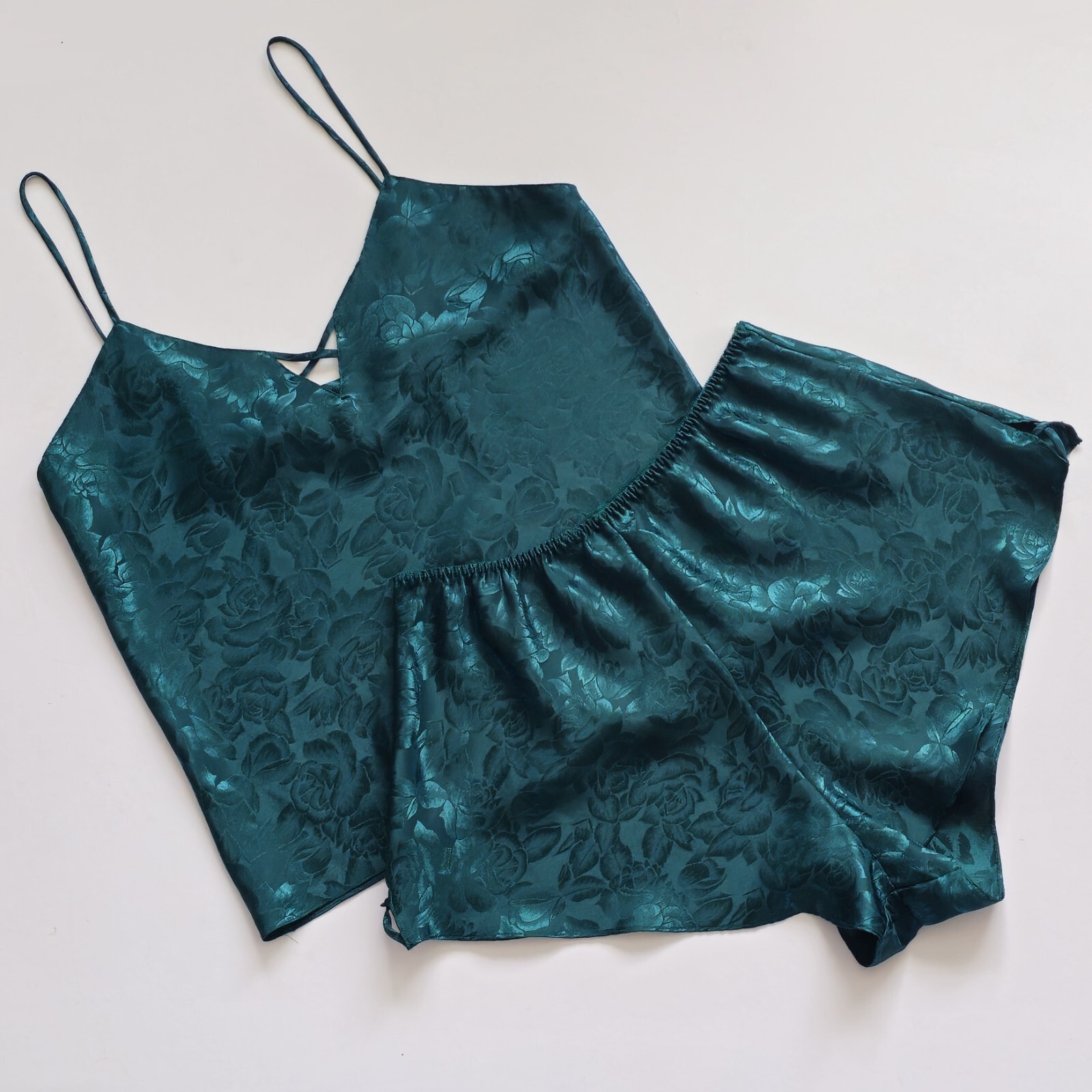 Vintage Lord & Taylor Emerald Floral Jacquard Satin PJ Shorts Set Size Medium