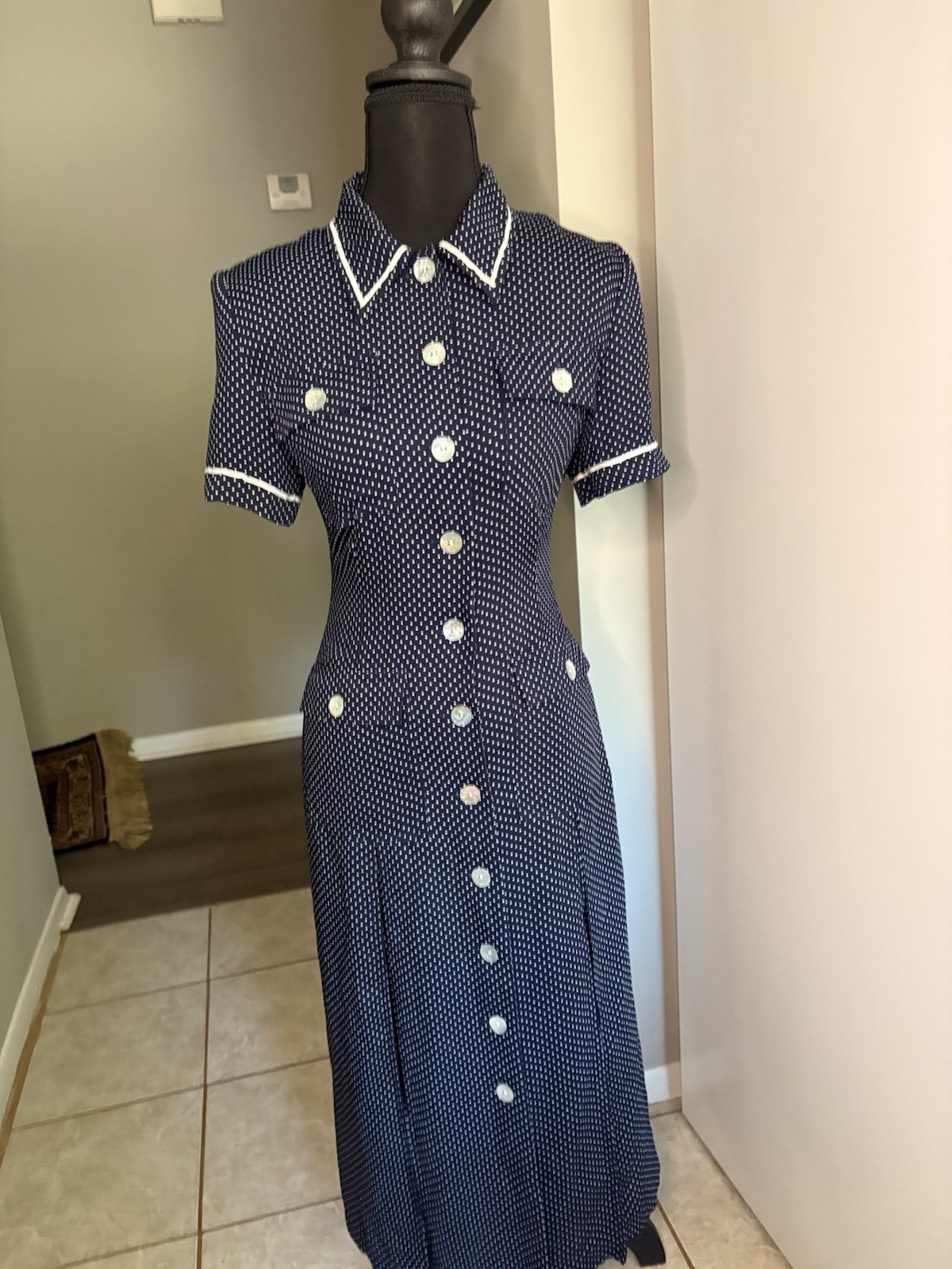 Vintage Navy Polka Dot Front Button Dress W Mother of Pearl Buttons