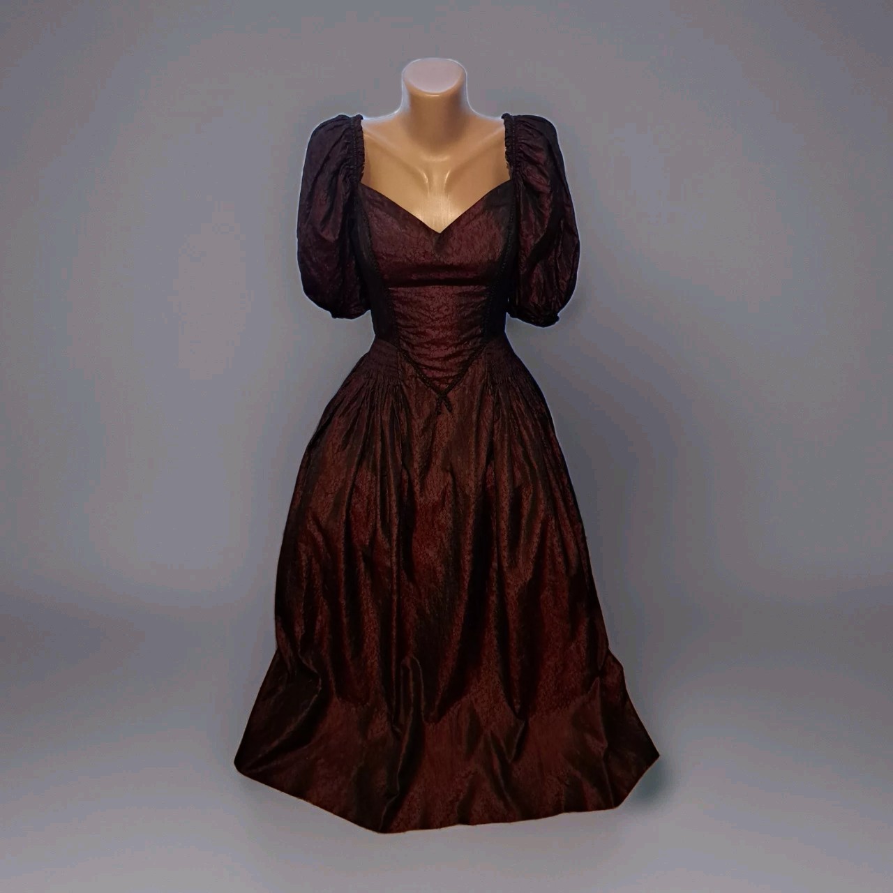 Vtg Edwardian Revival Gothic Burgundy Dress S C-D Bust Silk Blend Puff Sleeves