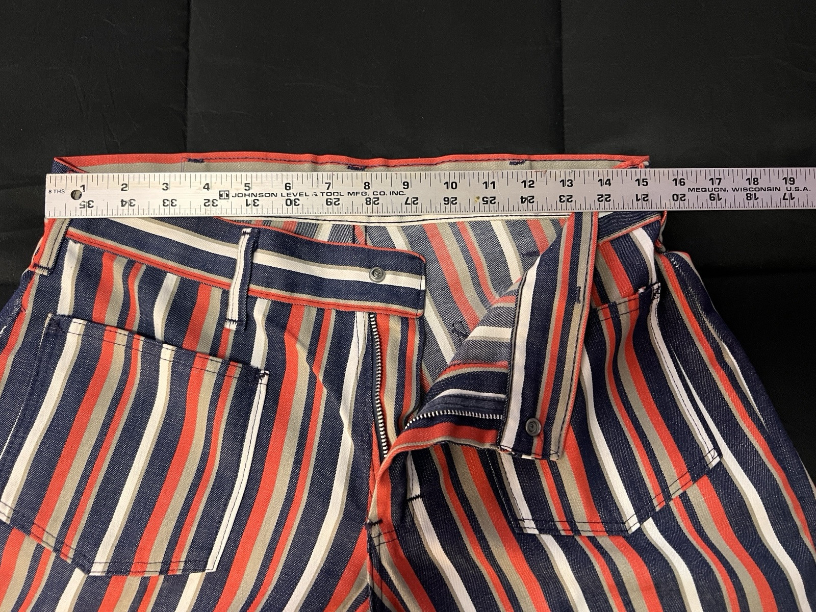 Vintage 70s Handmade Pants Black Orange & White Stripes 30×29