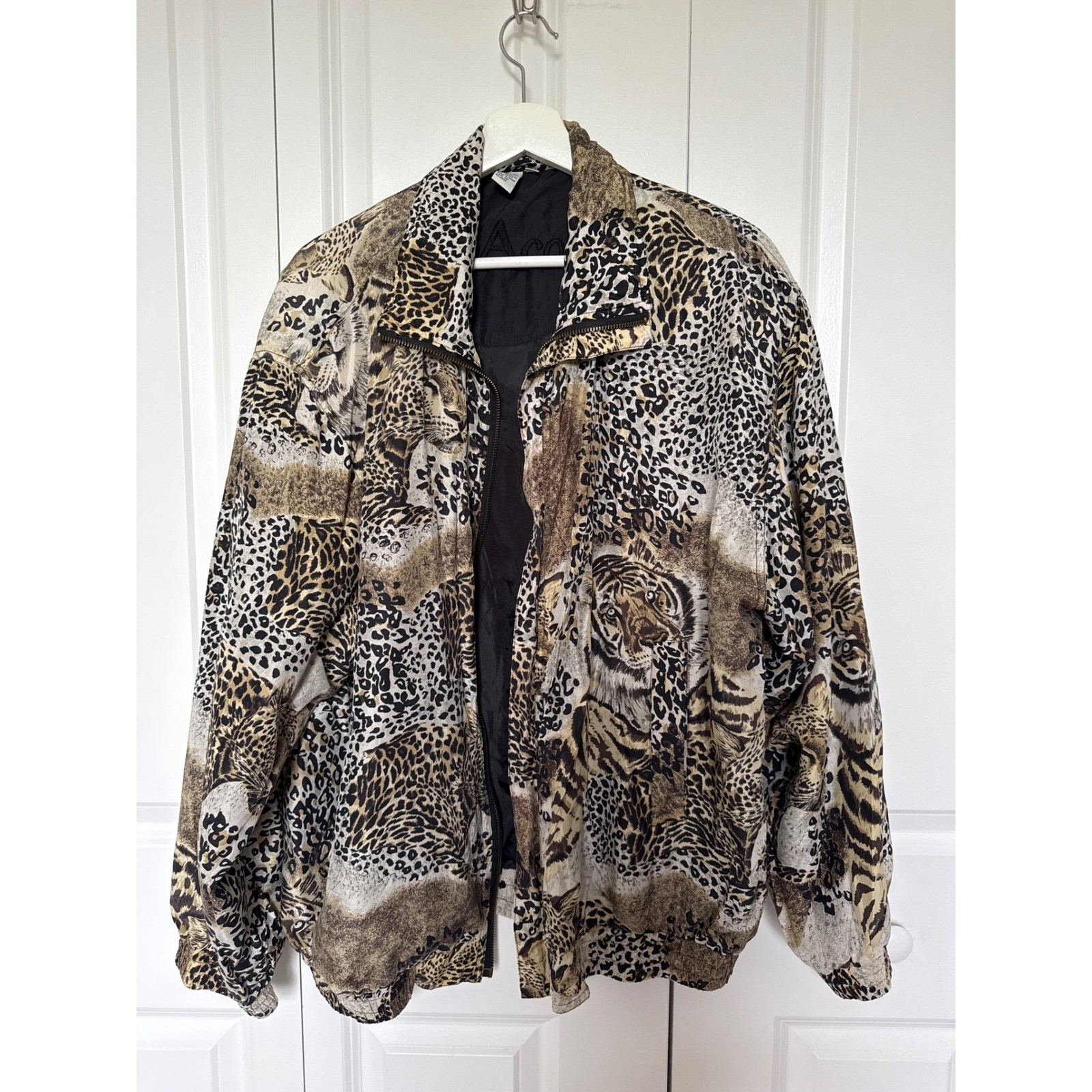 Vintage CoAco Silk Animal Print Bomber Jacket Tiger Leopard XL