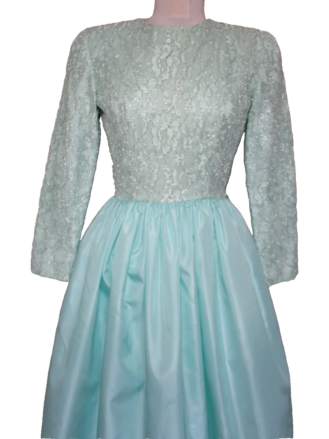 Vintage 80s BILL BLASS Pastel Green Lace Taffeta Evening Gown Dress S Women