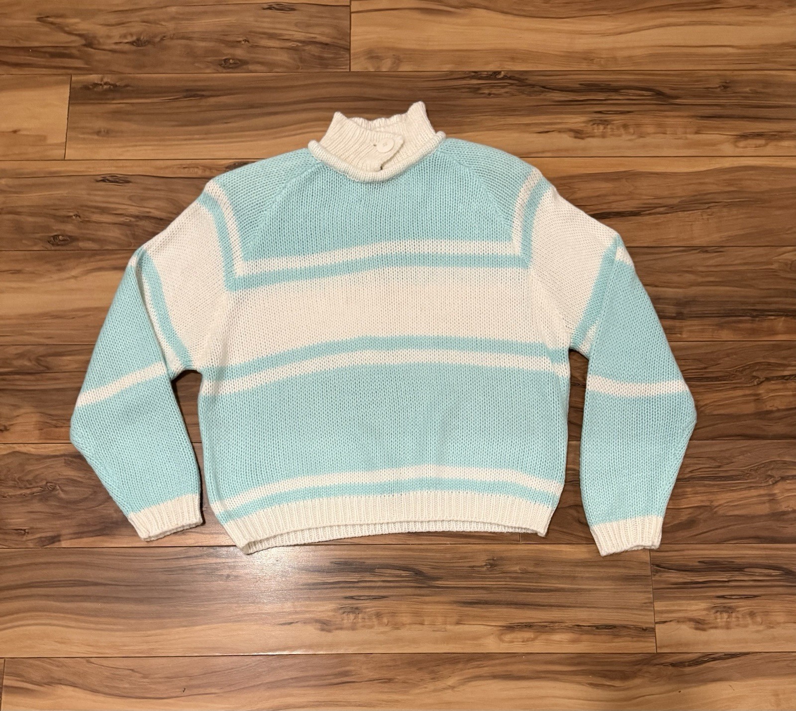 Vintage 80s 90s Stripe Sweater Mint Green Cherry Stix S Oversized Preppy Collar