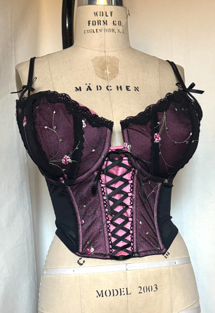 LACE FRONT CORSET BUSTIER „ENCHANTED” SHEER BLACK NYLON w EMBROIDERED CUPS 42DD