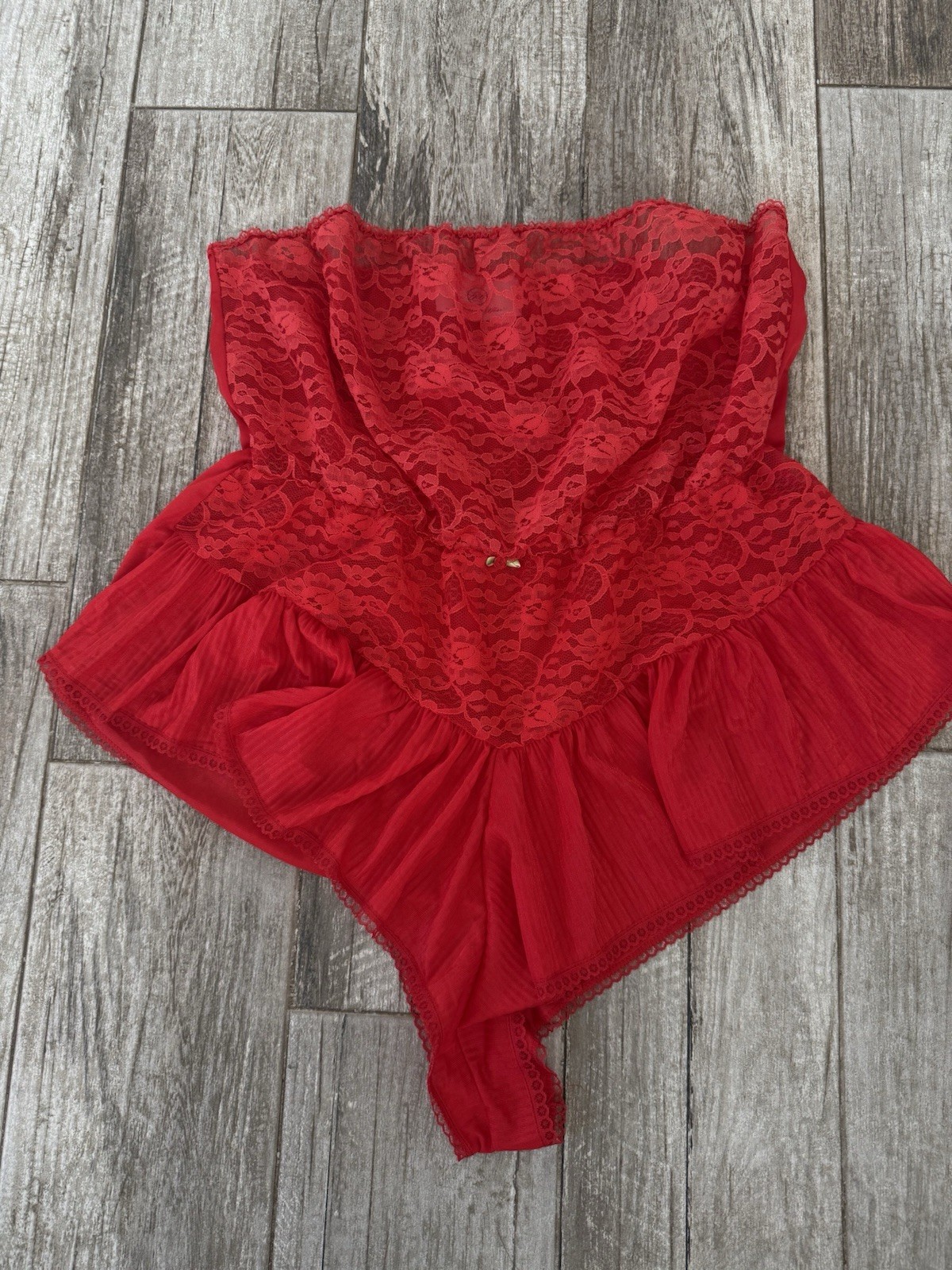Vtg Strapless Sheer Red Lace Nylon Romper Negligee Lingerie Pleated Skirt XL