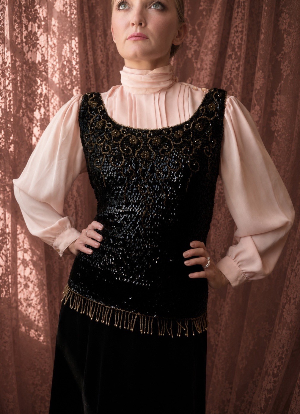 1920s Black + Metal brass beaded Art deco opera top