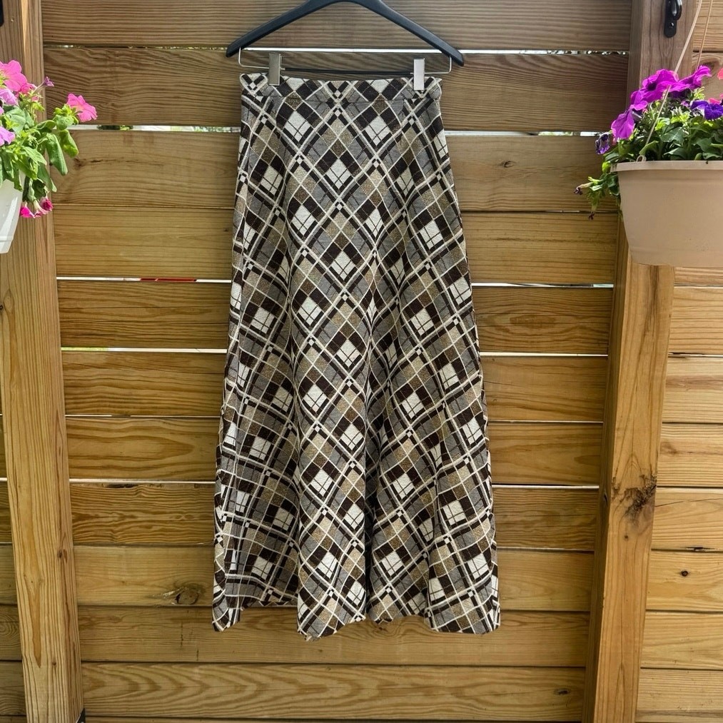 Vintage 1970s Argyle Plaid Maxi Skirt Brown Gold Metallic Lurex Knit A Line M/L