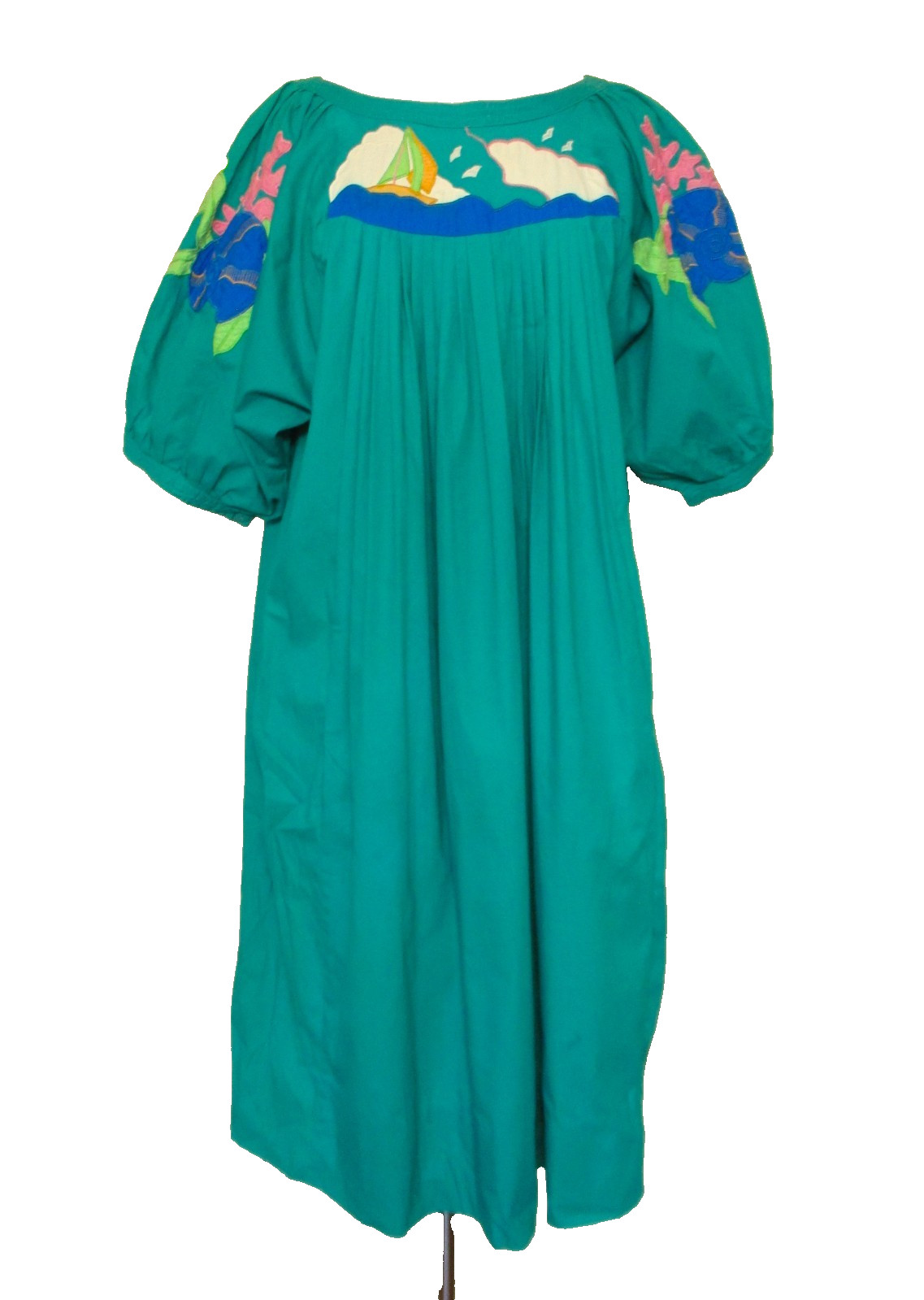 Vtg Penchant Dress Caftan M/L Women Teal Green Cotton Seascape Shell Embroidery