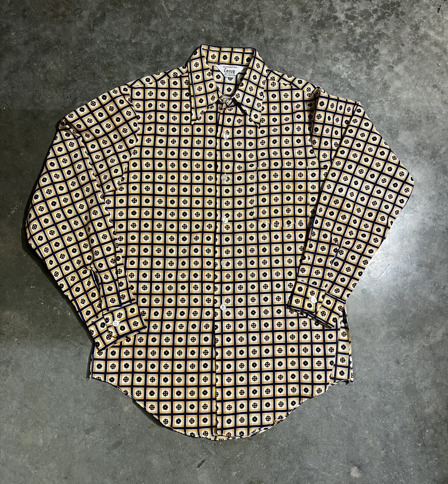 Vtg 1970’s Envoy – Square Geometric Print Blouse Button Up Navy Blue Orange 18