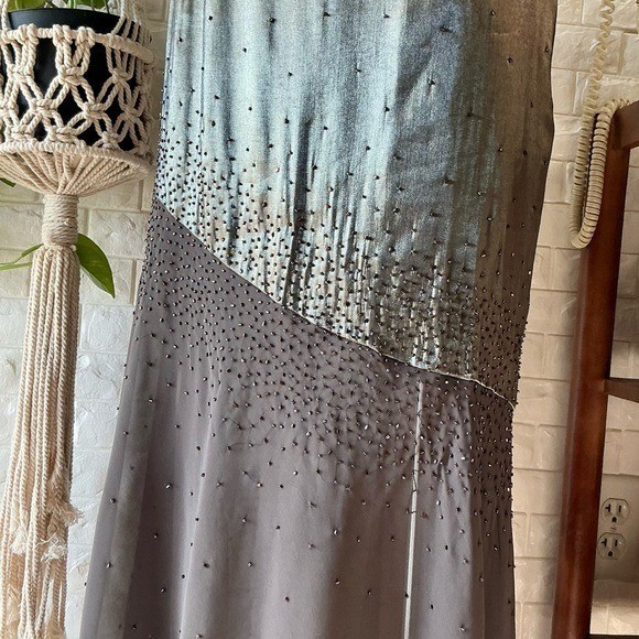 Vintage 1990s Y2K Cache Olive Satin and Chiffon Asymmetrical Hem Beaded Gown