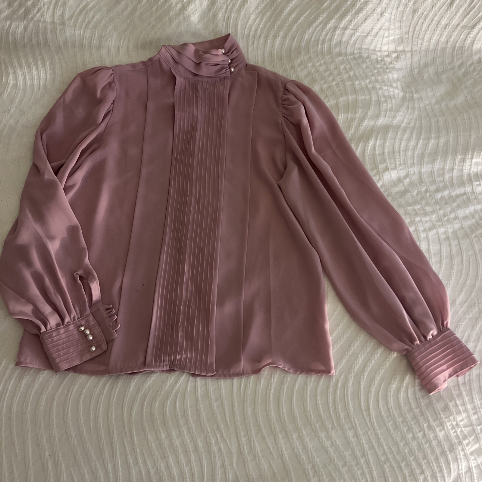Vintage 80s High Neck Secretary Blouse Pink Pleated Front Puff Sleeve Coquette 8