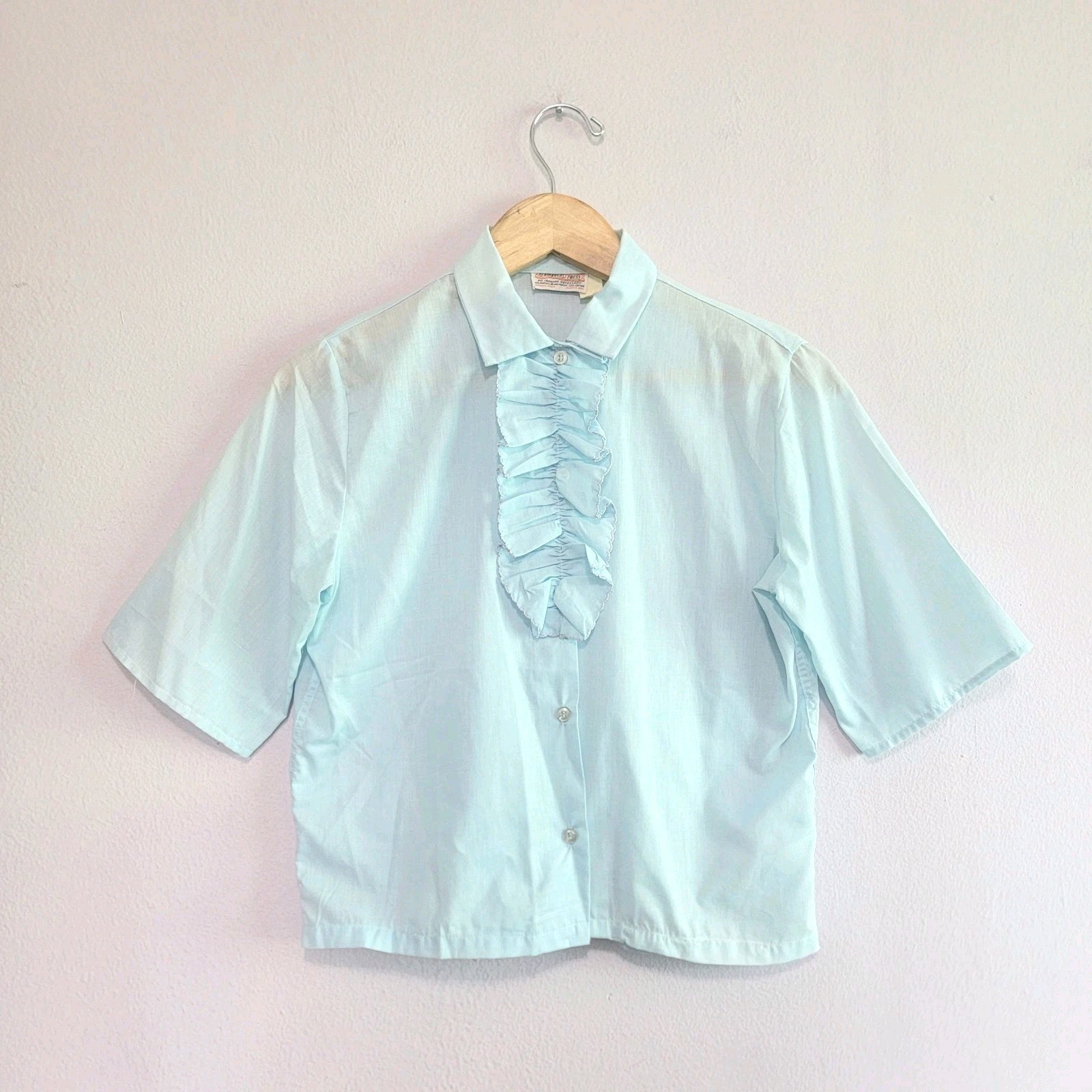 Vintage 70s Baby Blue Short Sleeve Ruffle Button Up Collared Blouse Top Womens M