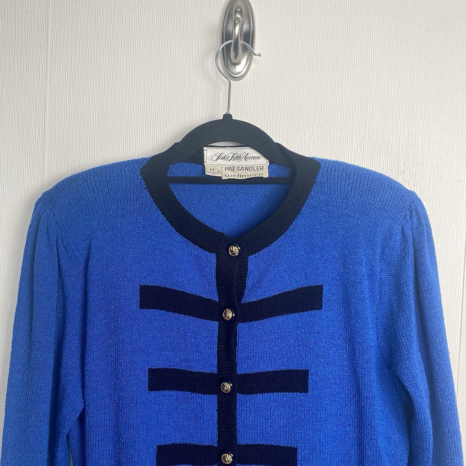 Pat Sandler for Wellmore Saks Fifth Avenue VTG Blue Knit Sweater Jacket Size 14