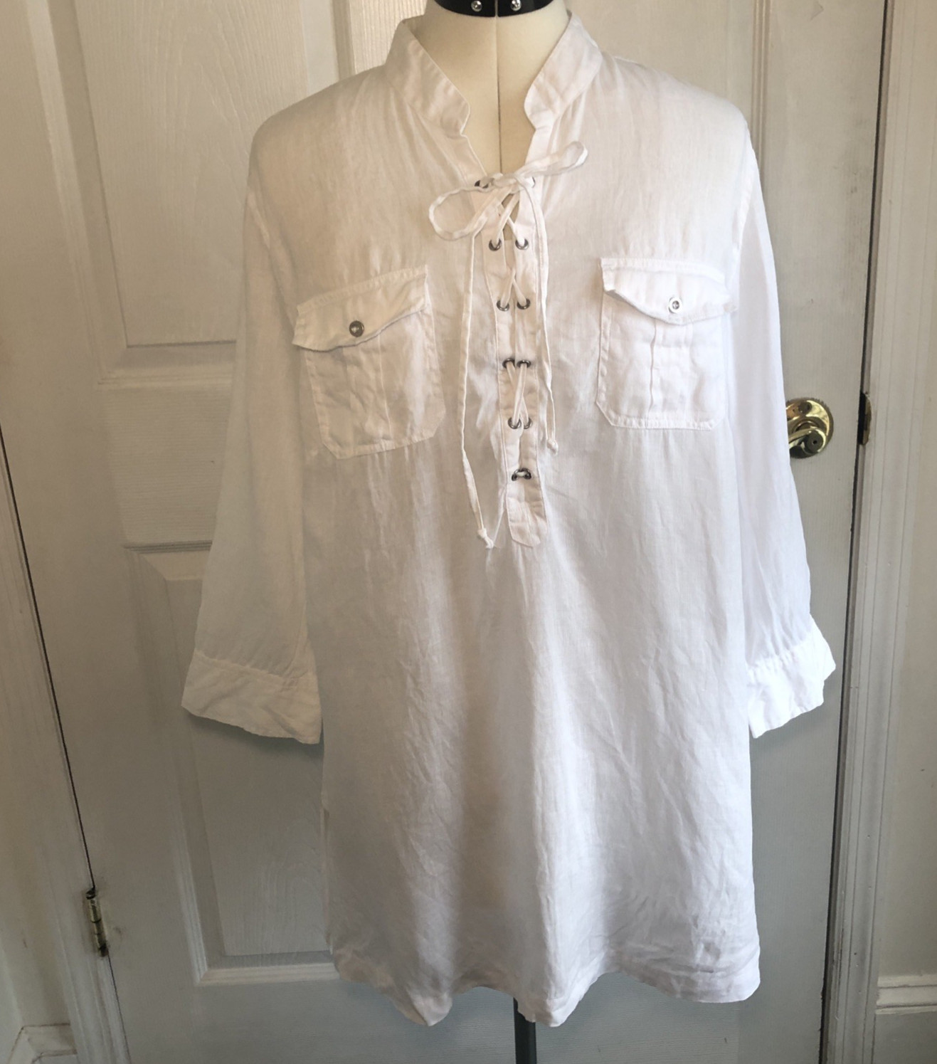 Vtg Y2K 100% linen tunic L utility camp shirt Peasant boho romantic poet coastal