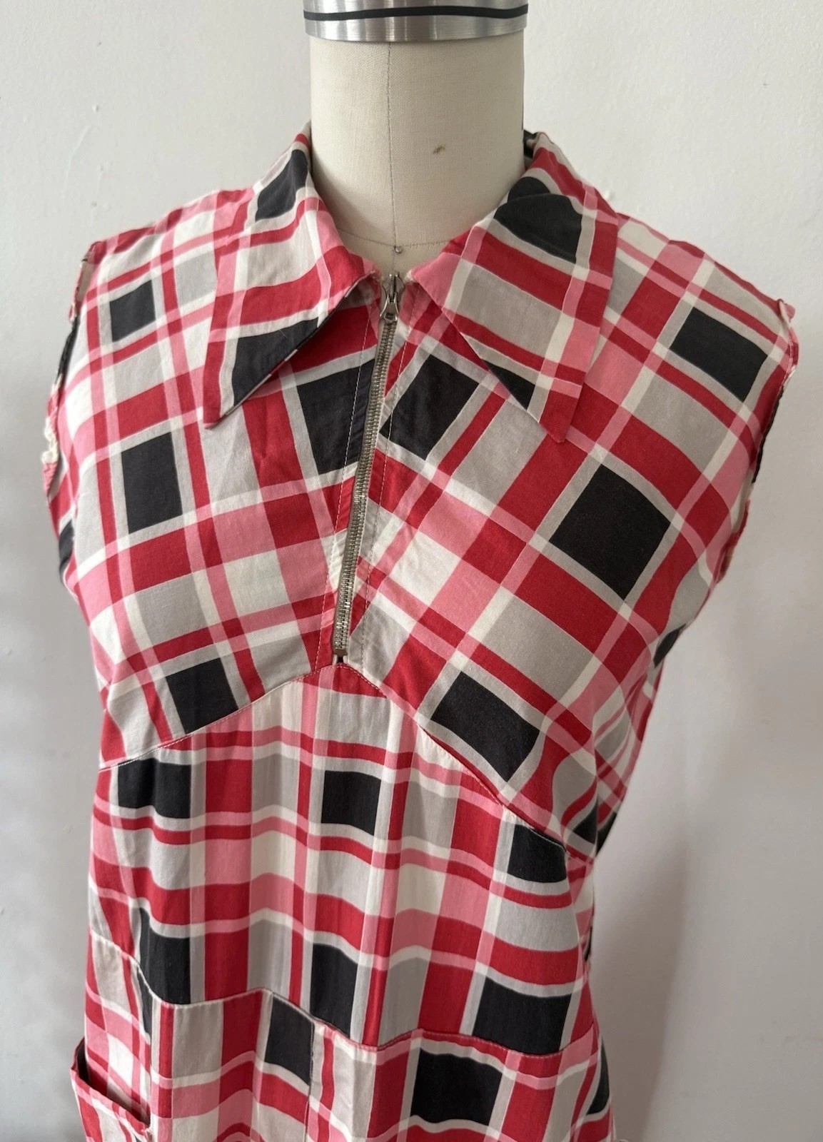 30s Glazed Cotton Plaid Pointed Collar 1/4 Zip Halter Dress Midi Sportswear S/M