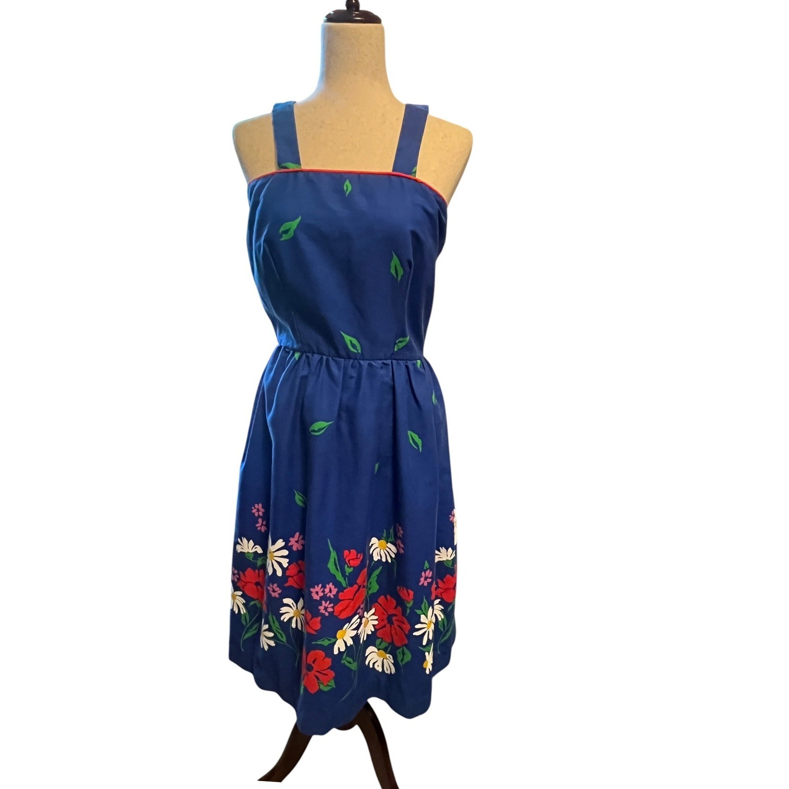 Jenni Vintage Floral Sun Dress Women 11/12 Blue Rockabilly Americana 70s Mod USA