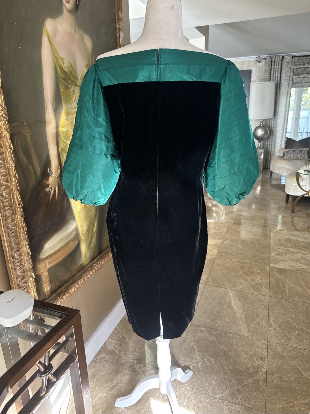 Nina Ricci Haute Boutique 70s Black Velvet & Green Taffeta Cocktail Sheath 42