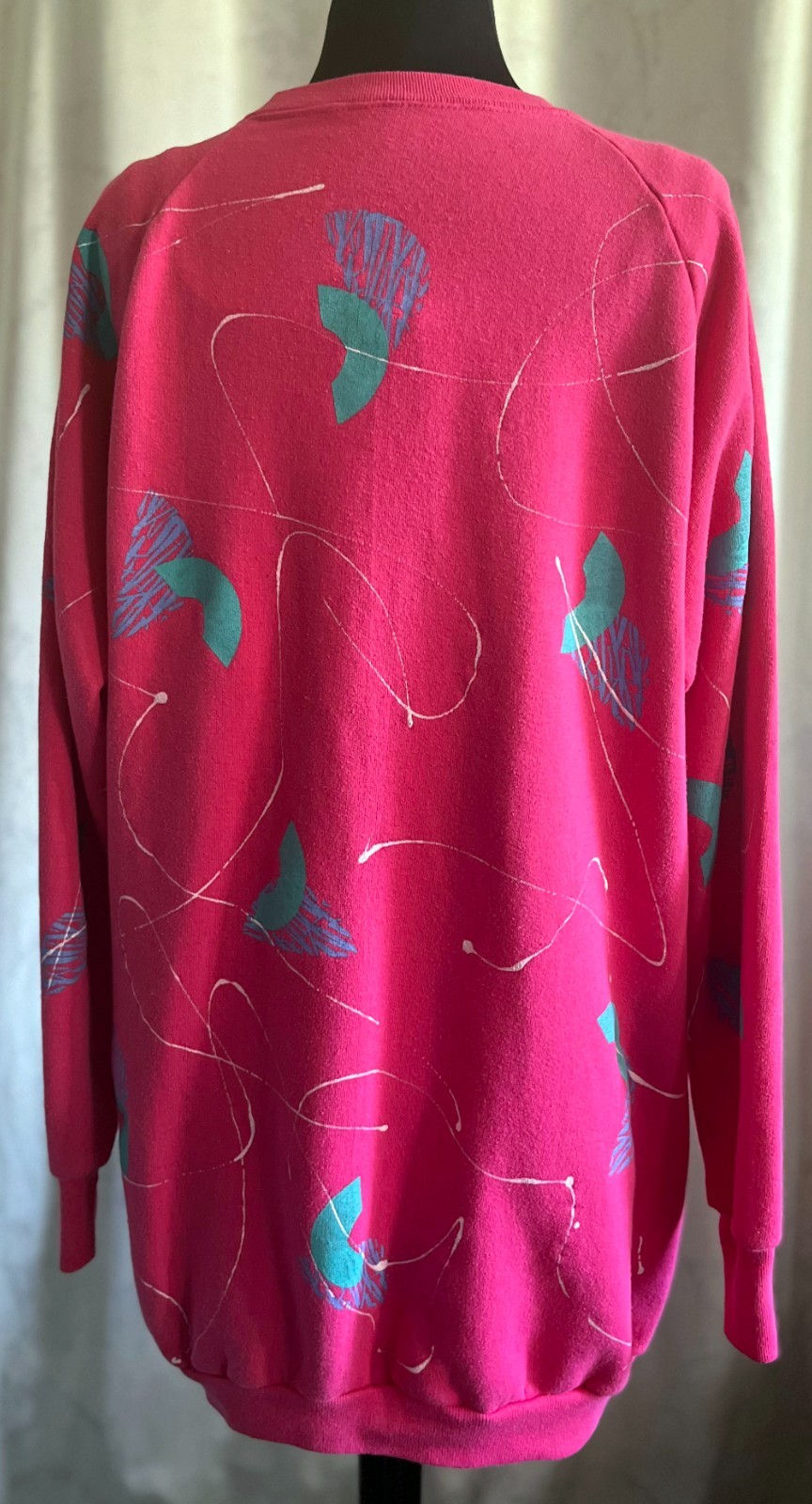 VTG Free Size 80s Bright Pink Sweater Dress Retro Teal Print