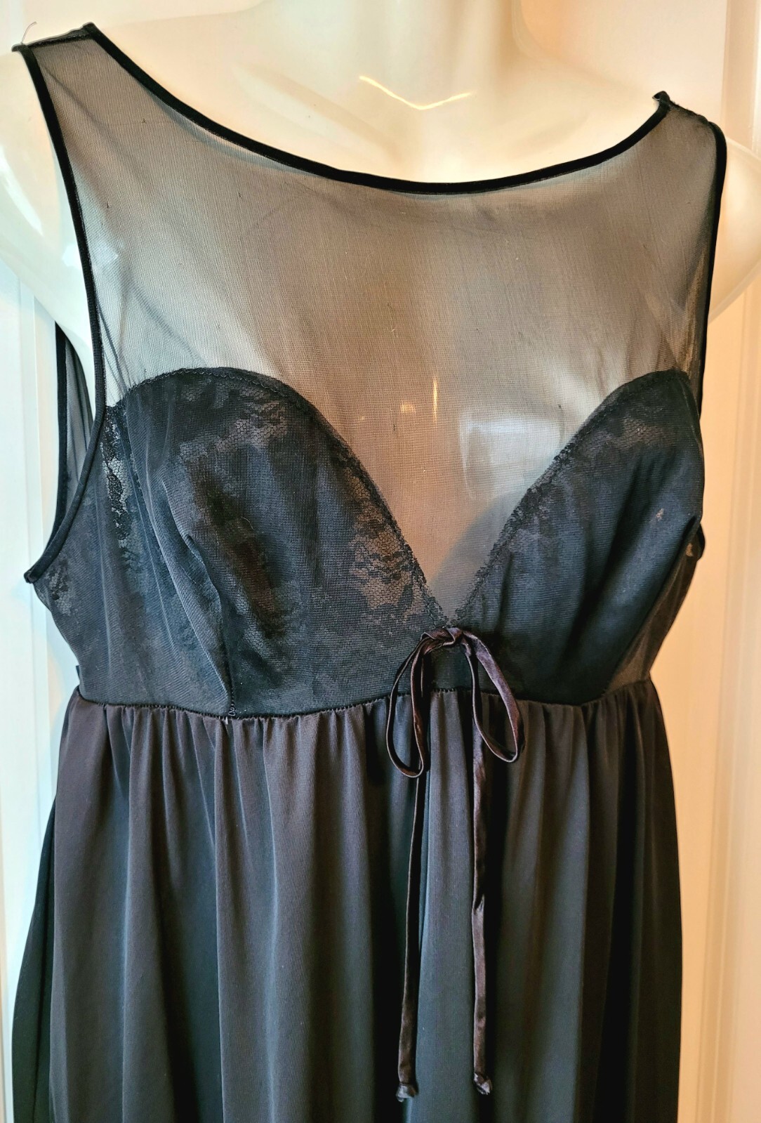 Vintage Evette Black Sheer Over Lace Nightgown Medium