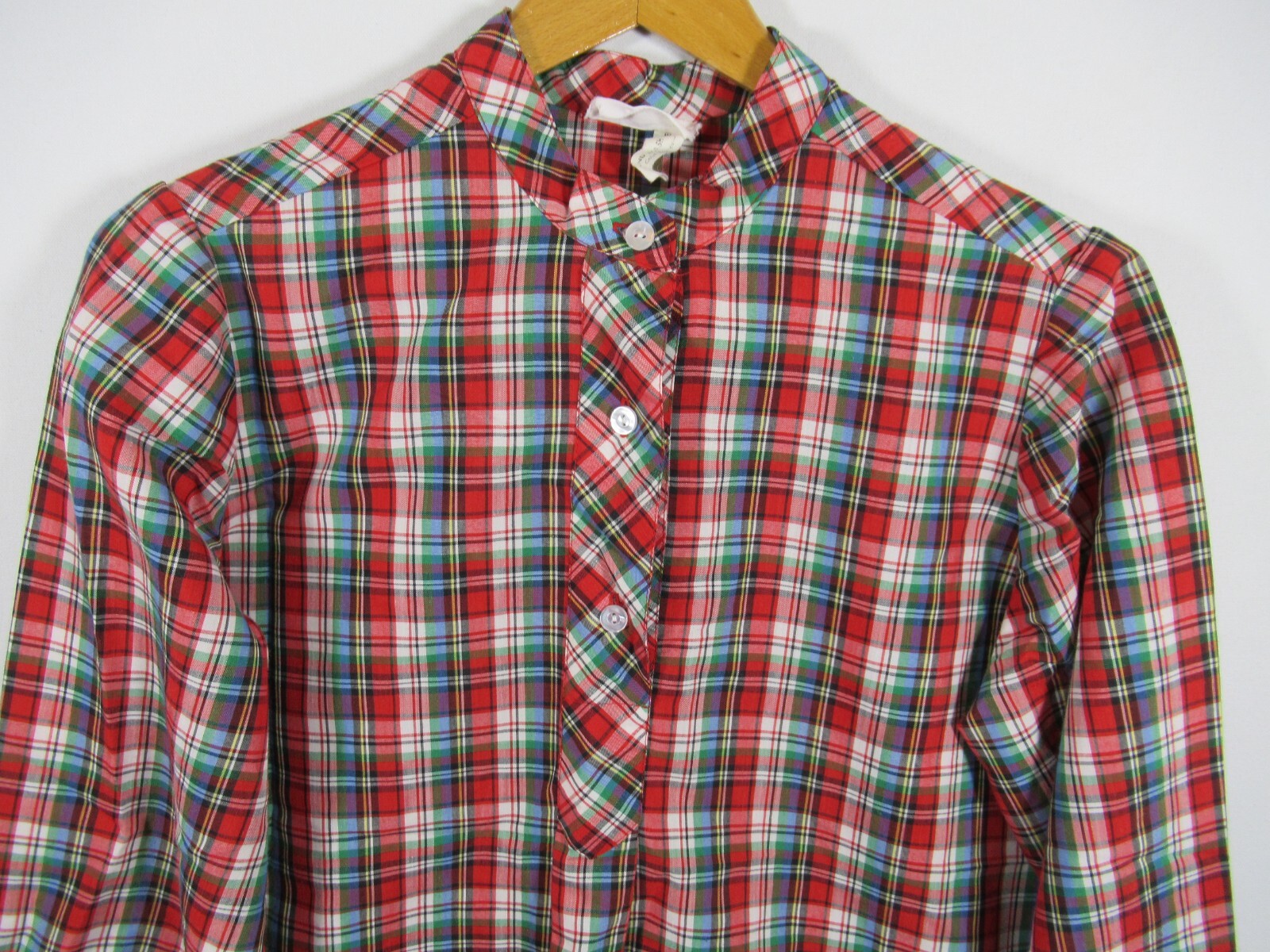 Vintage 50s 60s Paulette Red Plaid Tunic Blouse Women Lightweight Band Collar