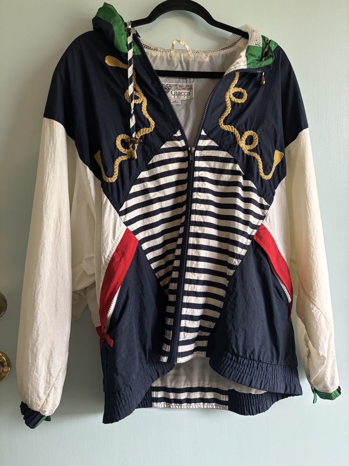 GIACCA SPORT Retro 90s Vintage Hooded Zip Windbreaker Nautical Sz L
