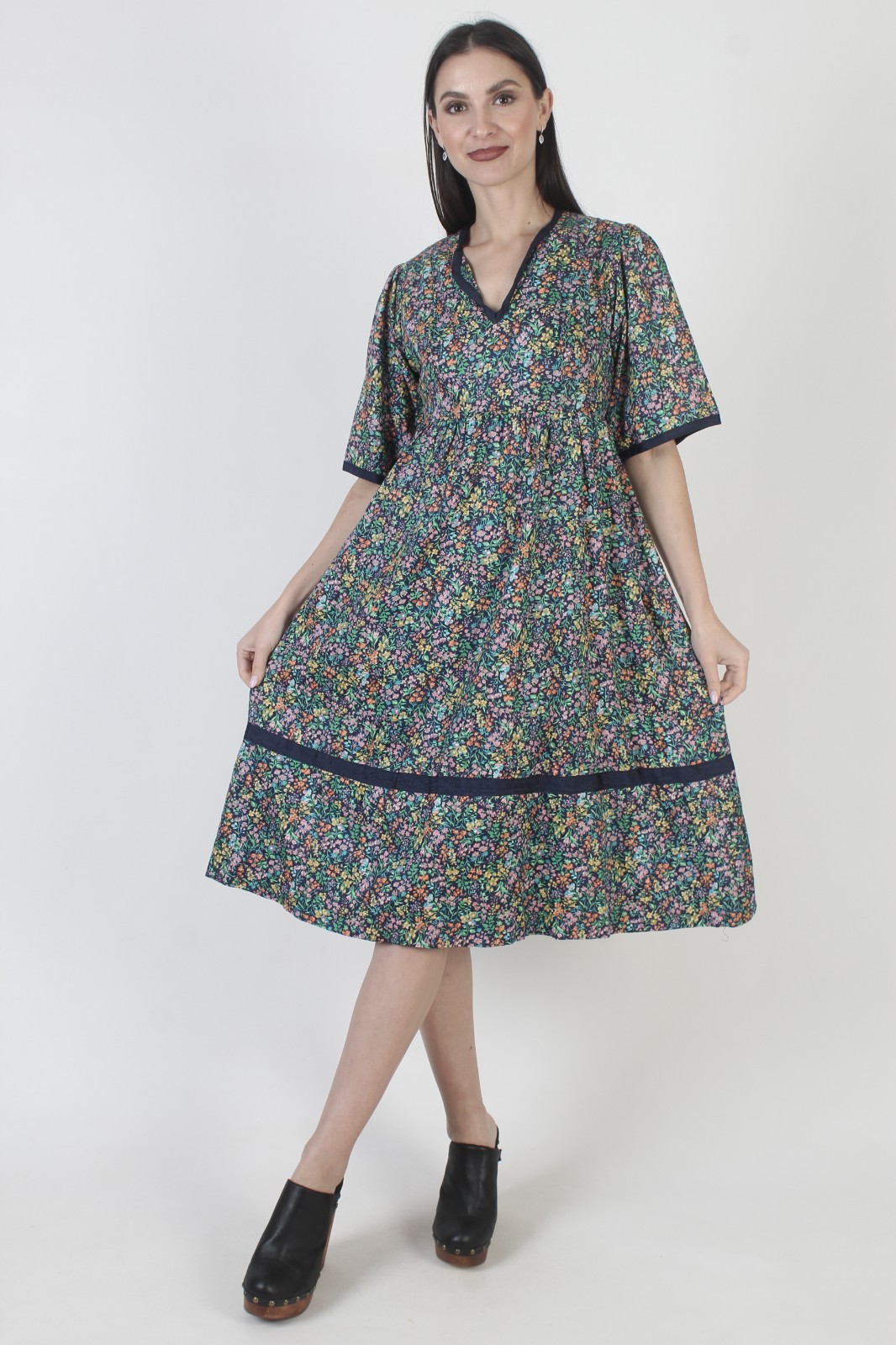Vtg Calico Floral Sundress Knee Length Prairie Peasant Festival Boho Midi Dress