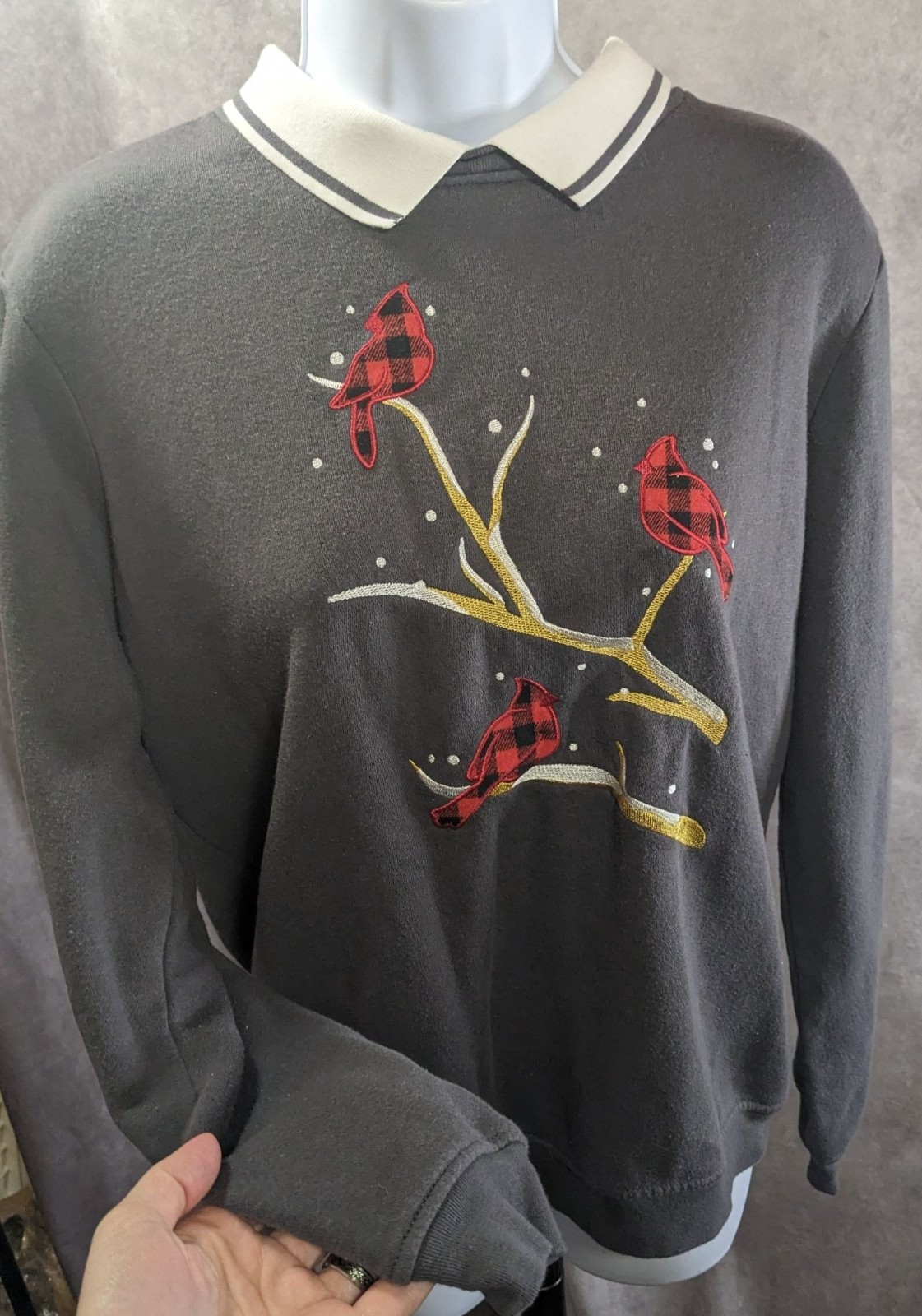 Adrian Delafield Vintage Embroidered Cardinal Sweatshirt With Collared Neck Gray