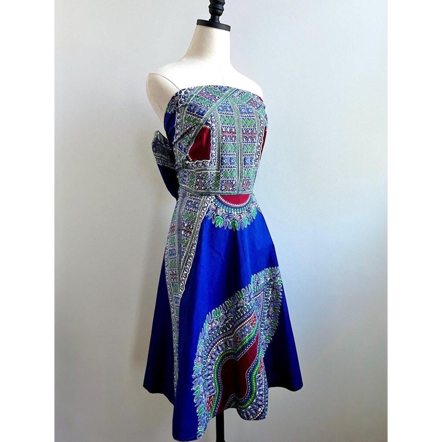 Vintage 50s Strapless Cotton Dress | Apron Style Tie Back Bow Circle Skirt | M