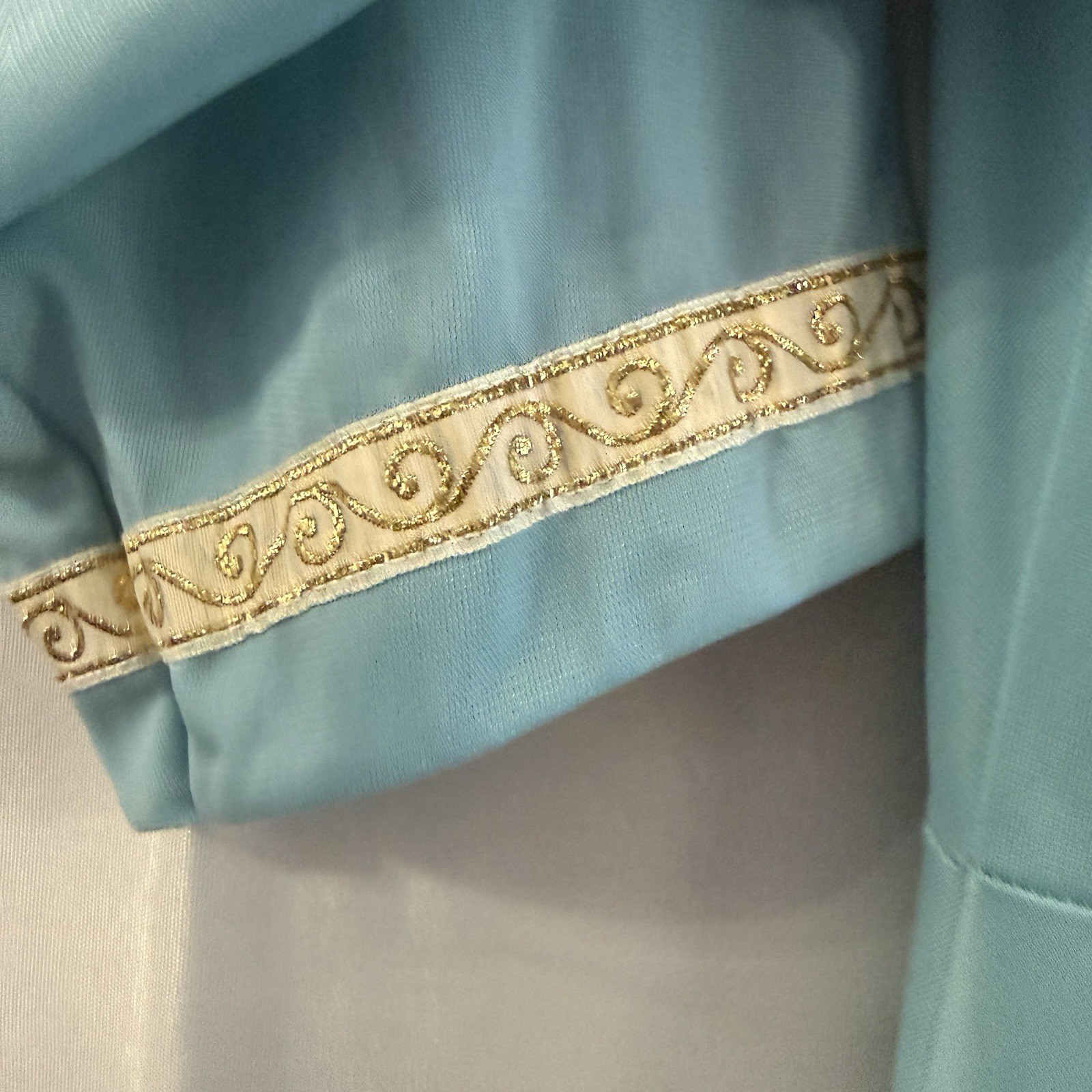 Vintage 70s Blue Housewife Midi Dress Deep Plunge Neckline Wrap Gold Trim S/M**