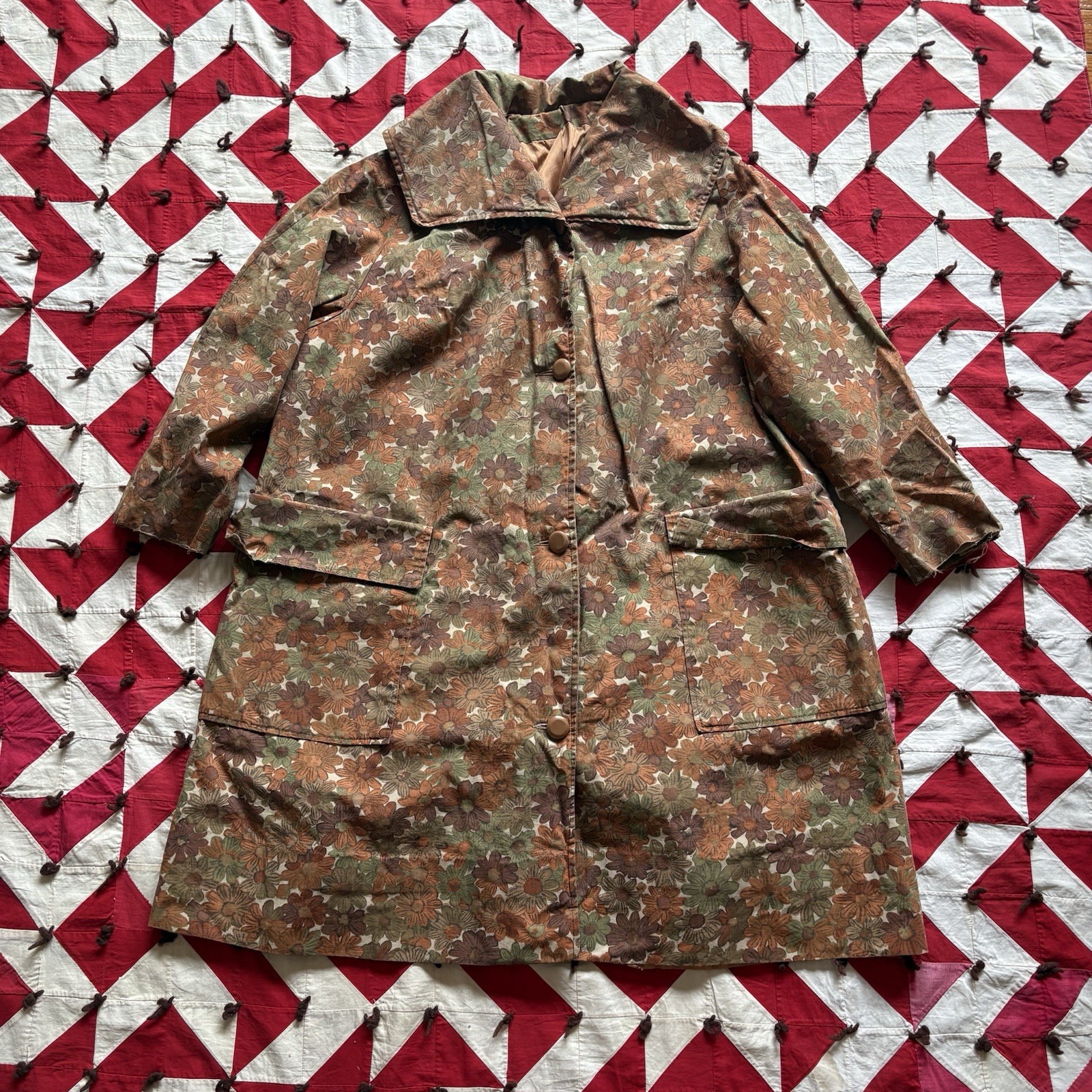 Vintage 1960s Floral Over Coat Women’s As Is Worn Flaws Faded