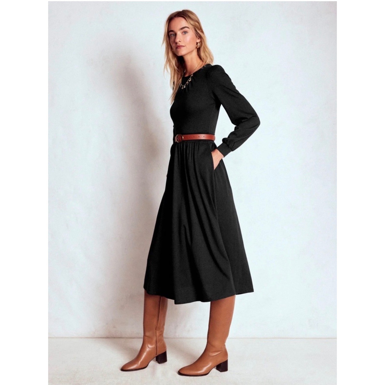 Boden Alexandra Jersey Midi Dress Black Size 4 Long Sleeve Fit & Flare