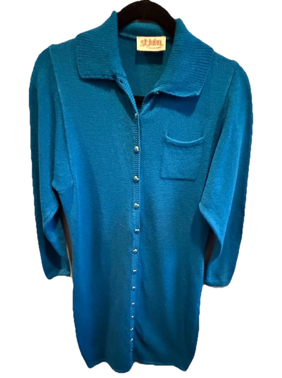 Vintage Collector St. John Santana Knit Enamel Button Teal Spring Dress M / L