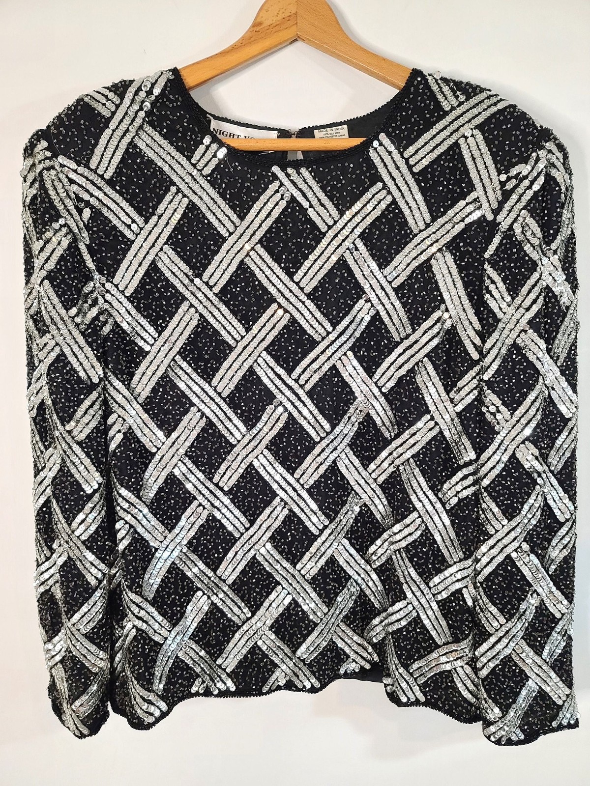 Rare Vintage 80s Night Vogue Sequence Beaded Clasp Silk Blouse