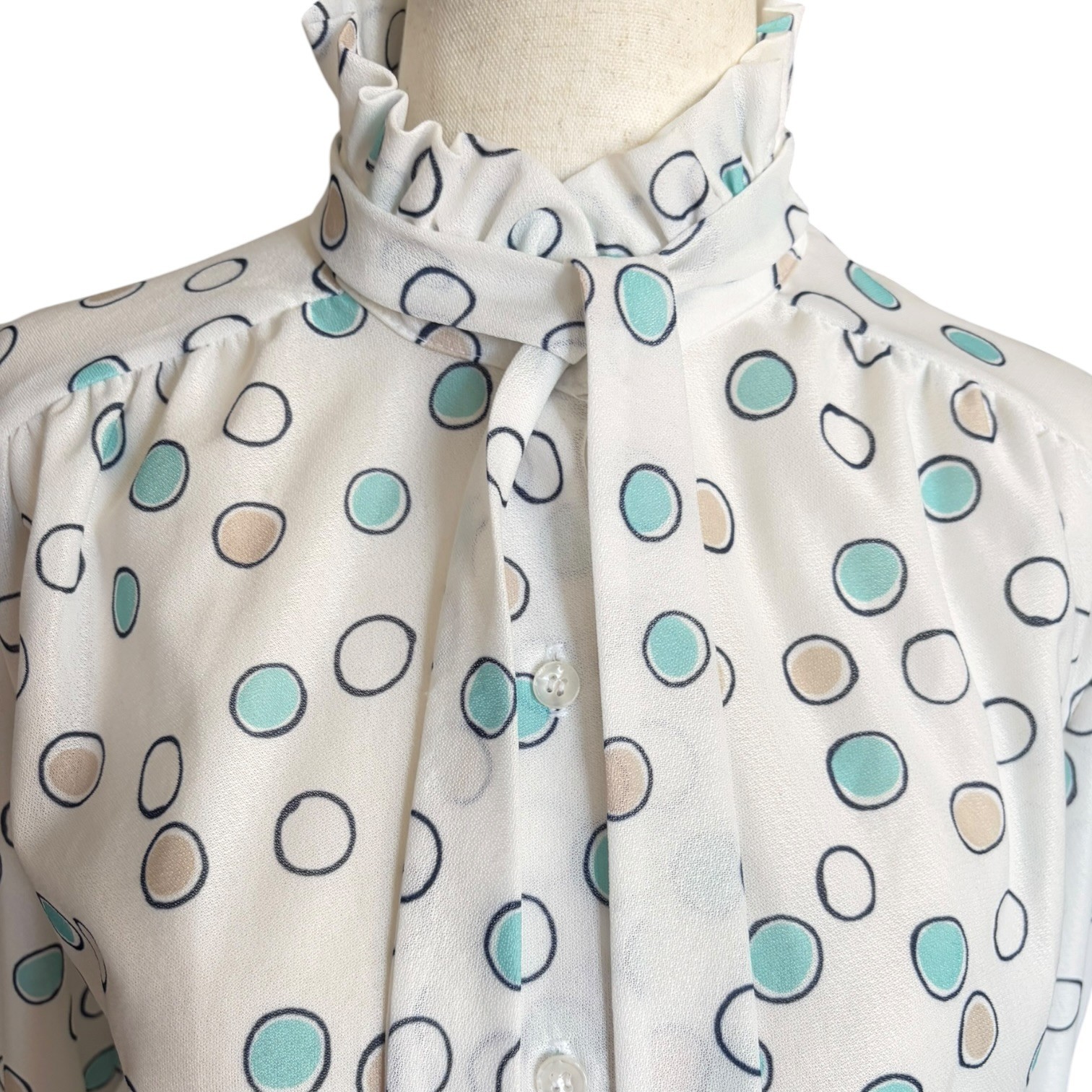 Vintage 80s Cape Cod Abstract Polka Dot Tie Neck Pussy Bow Secretary Blouse M/L