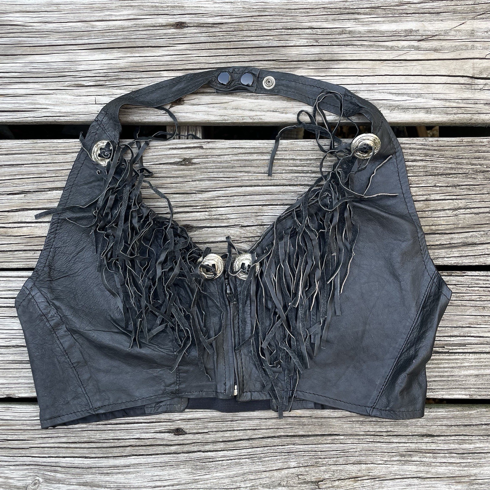 Vtg Leather Biker’s Dream Apparel Crop Vest Tank Top Bra Glam Rock Shirt XL