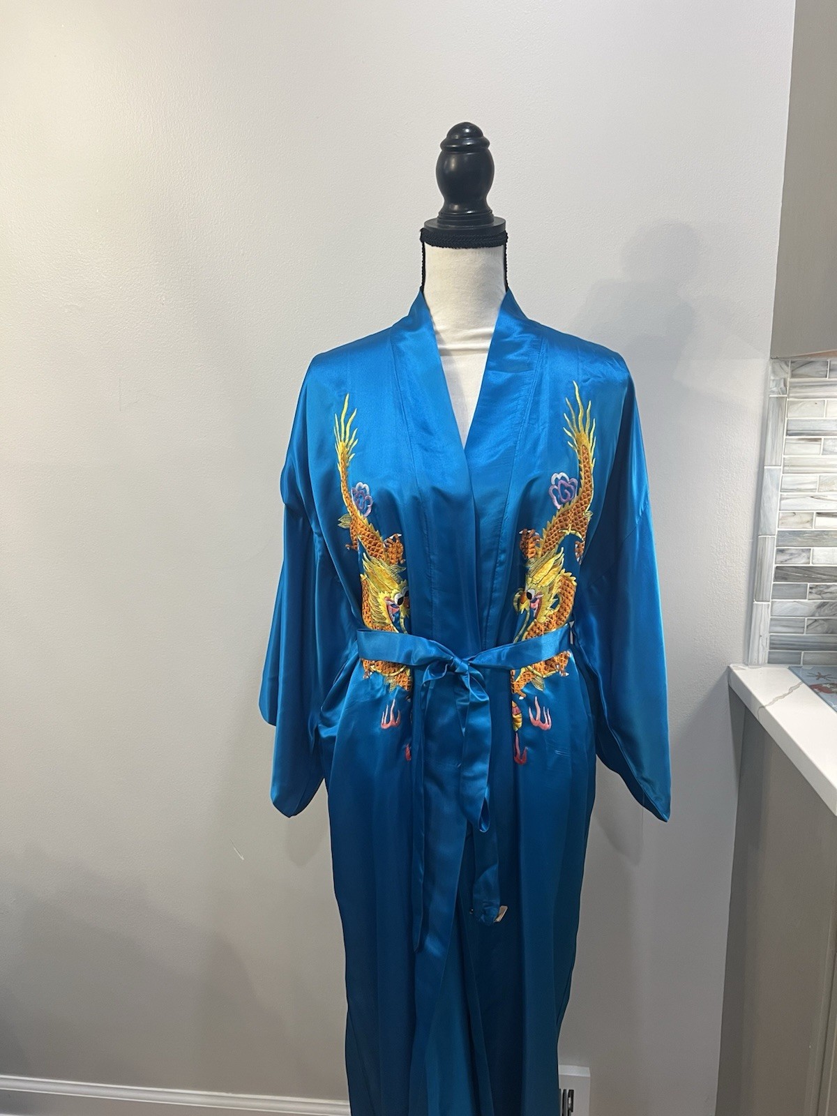 VTG EUC Golden Deer Blue Satin Robe with Dragon Embroidery pure silk SZ M