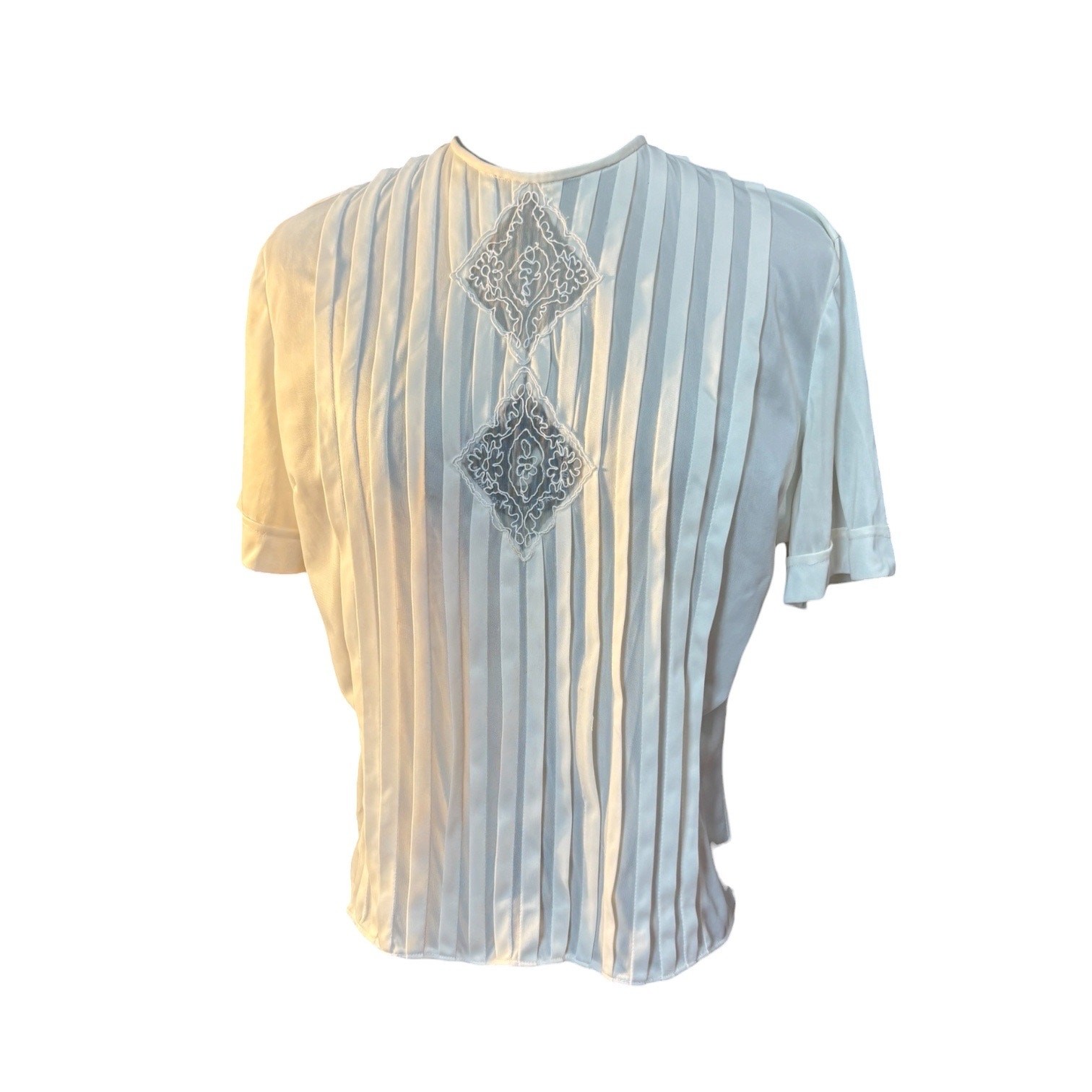 50s Ivory Nylon Blouse Sheer Pintucks Embroidered Lingerie Glam 42 Bust