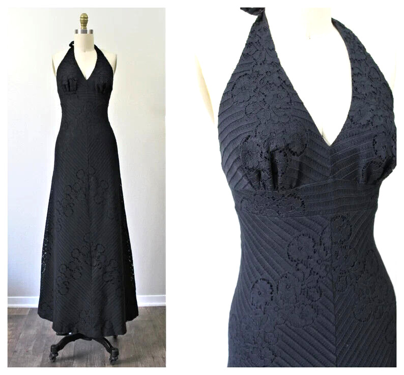 Vintage 70’s DEADSTOCK Joy Stevens California Black Lace Halter Maxi Dress