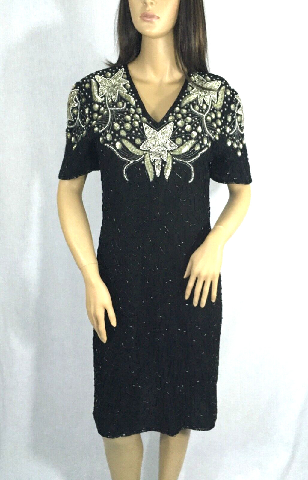 Vintage, Black silk, beaded dress with silver starbursts, M (#3079)