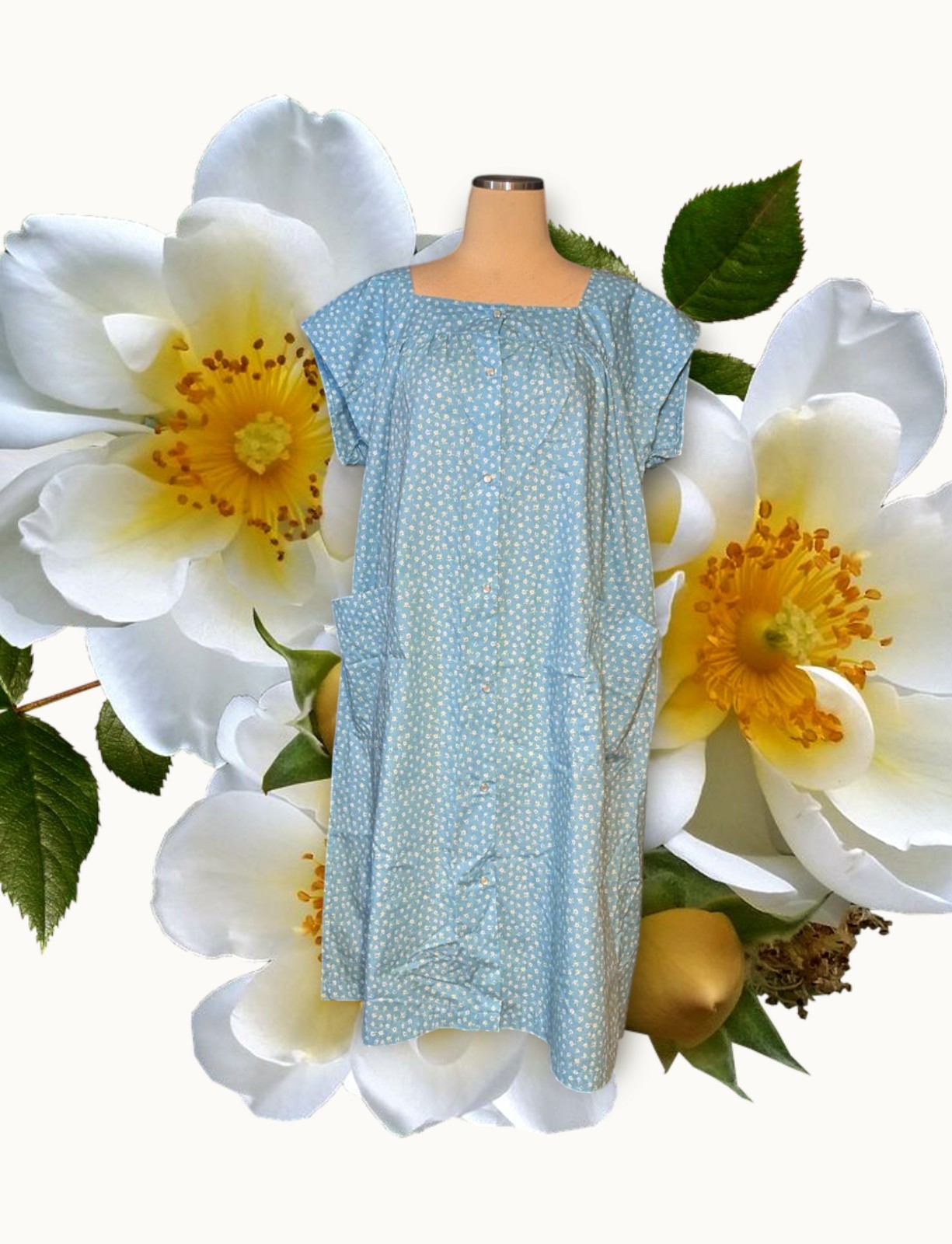 K-MART PINK K Blue Floral PEARL SNAP Button House Dress Sleeveless Women’s Large