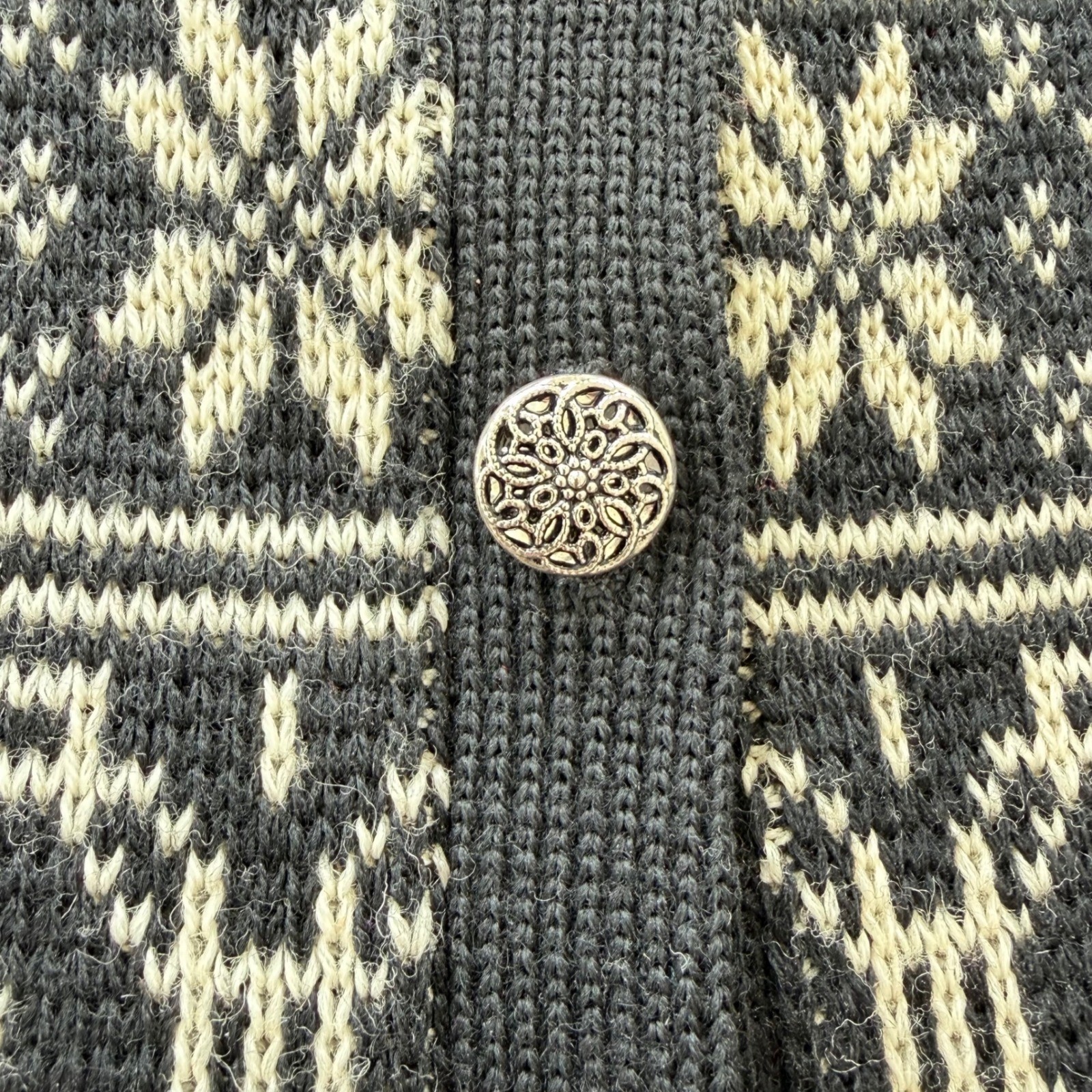 Jersild Vintage Nordic Snowflake Virgin Wool Cardigan Black Cream Metal Buttons
