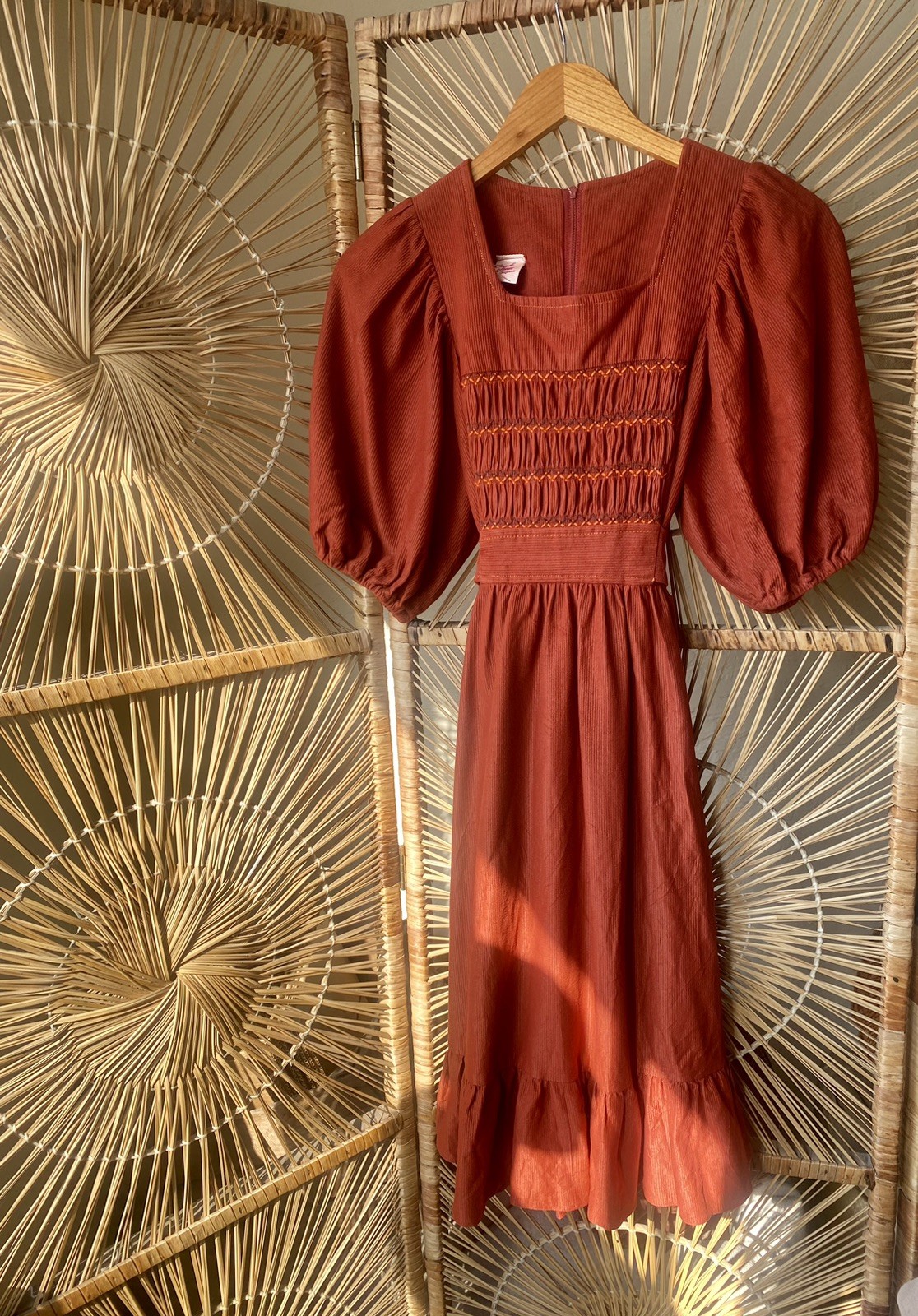 Candi Jones California Vintage 1970s Puff Sleeve Rust Colored Dress