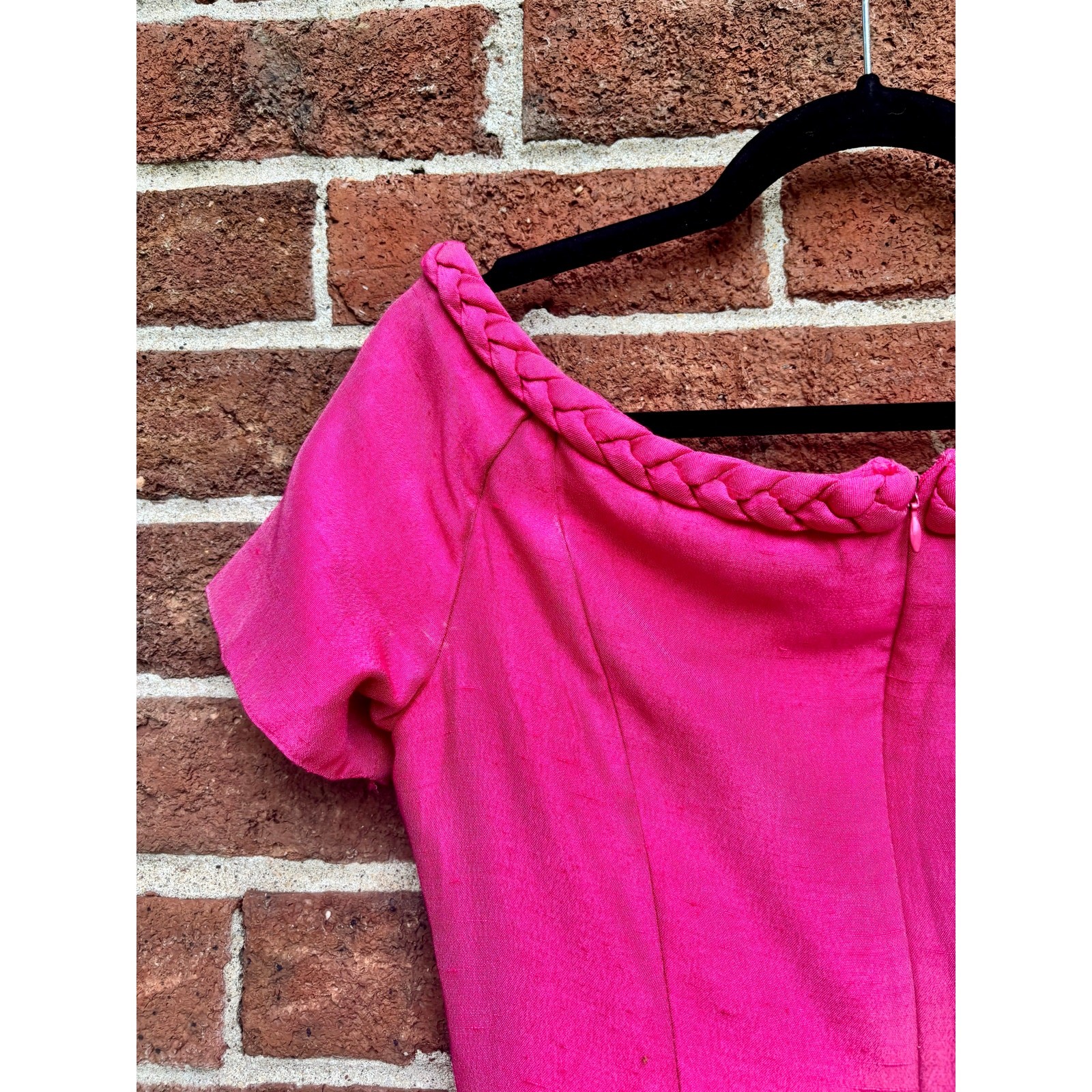 Vintage 1990s Watters Hot Pink Evening Gown Braided Neckline Midi Dress AS IS
