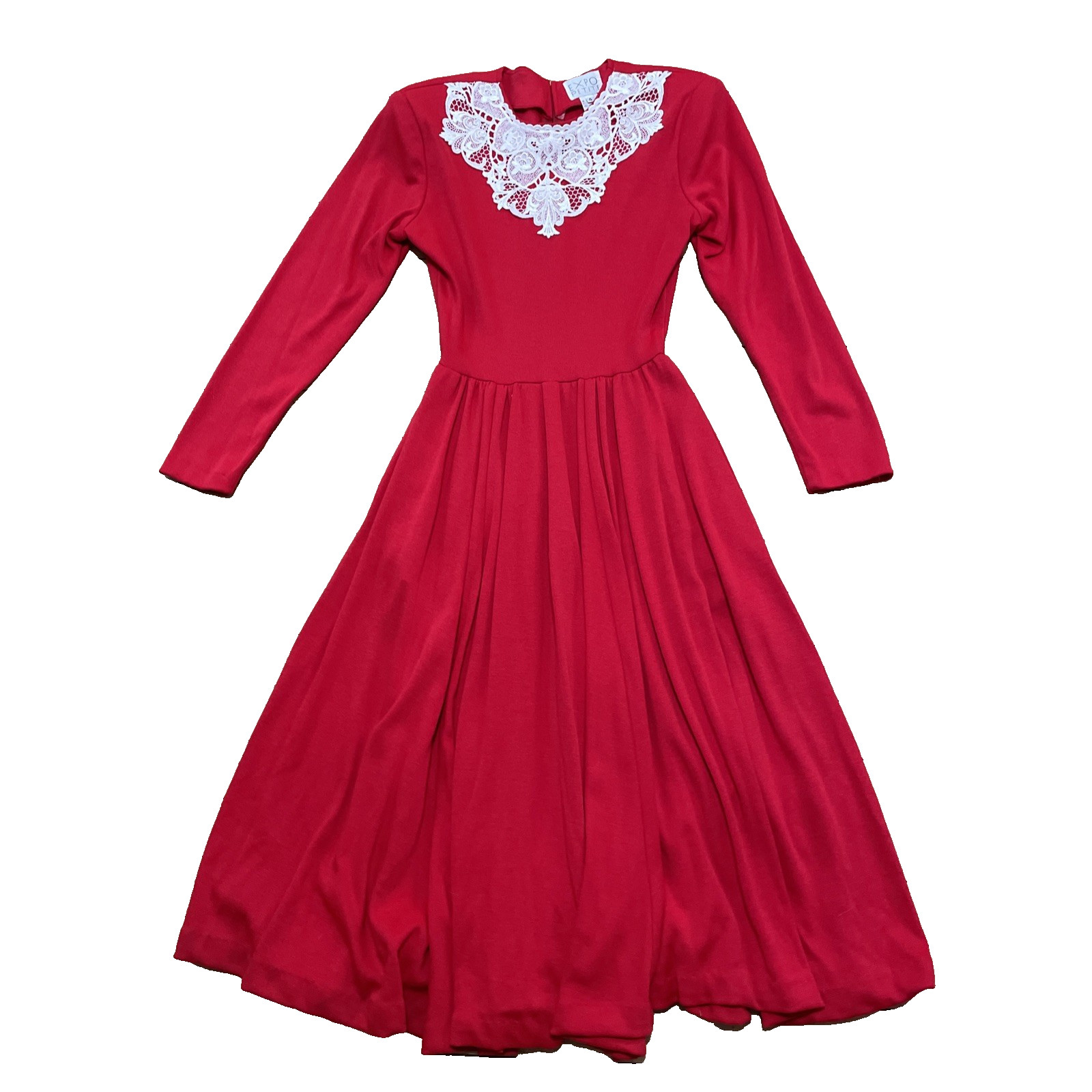 Expo Petite Vintage 1980’s Lace Trim Red Praire Dress Women 4 Wool Zip Made USA