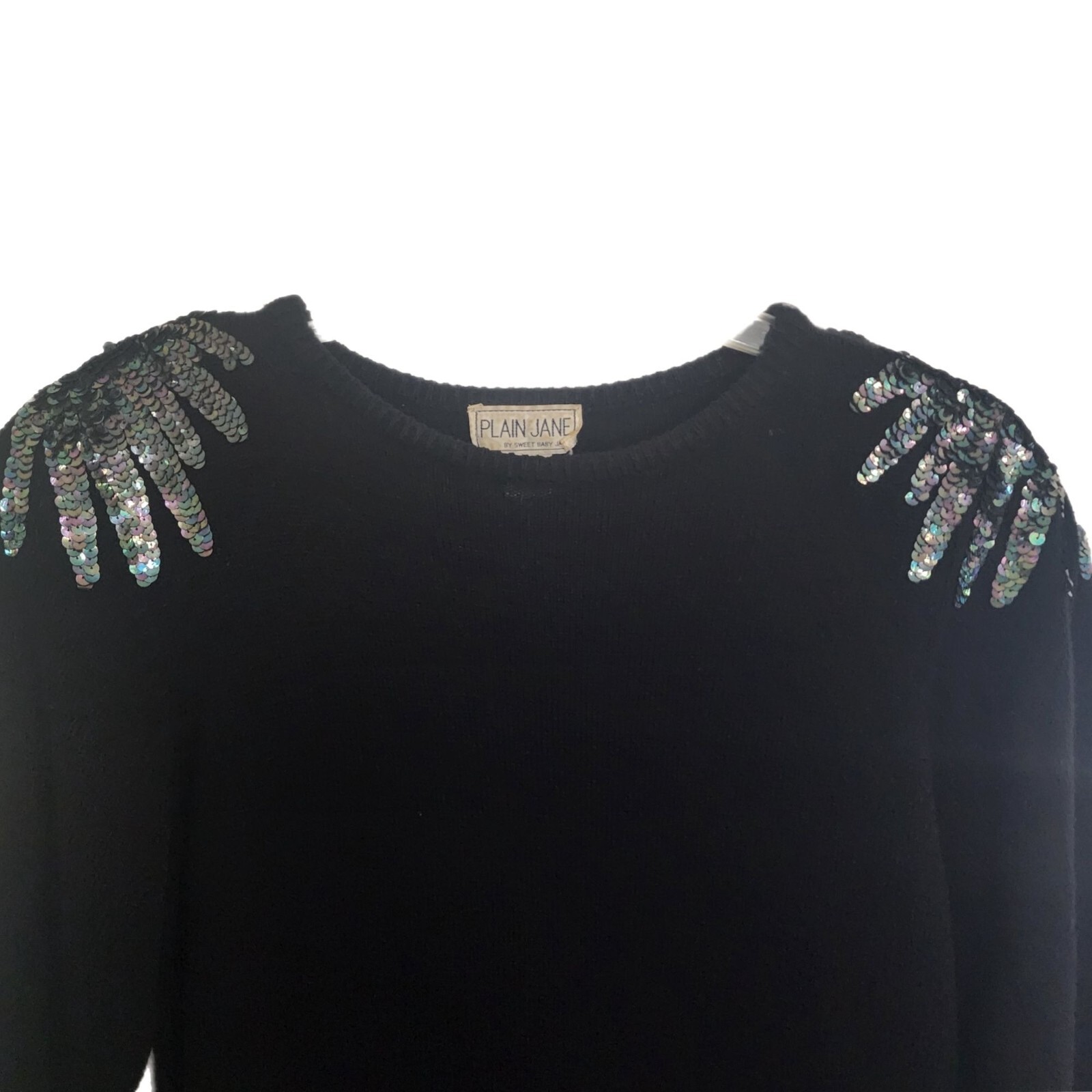 Vintage 90s Black Sequin Sweater Dress Midi Long Sleeve Vtg Party Costume Size L