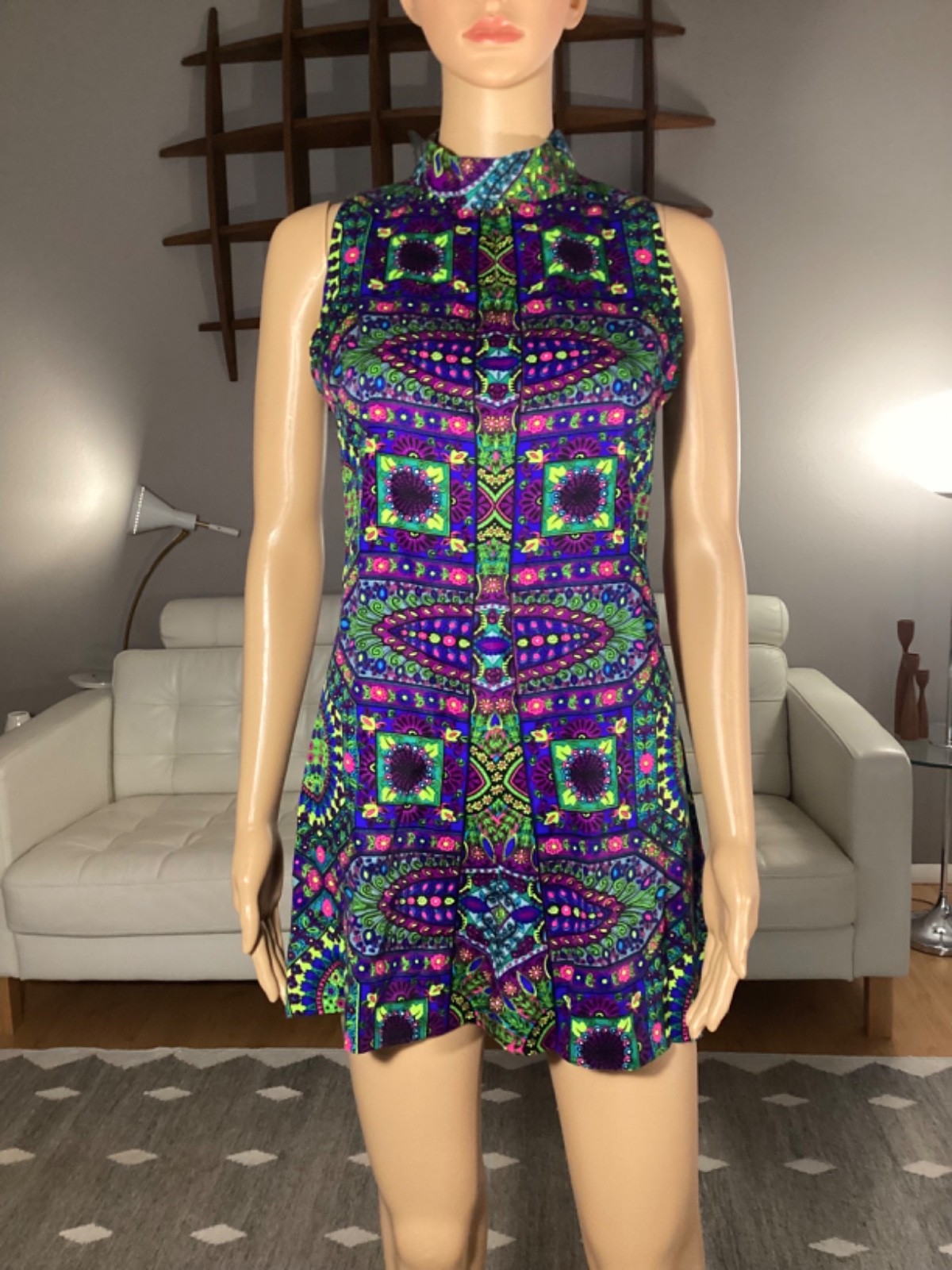 Vintage 60’s 70’s Wild Psychedelic Mini Dress Flower Power Mod Go-Go S