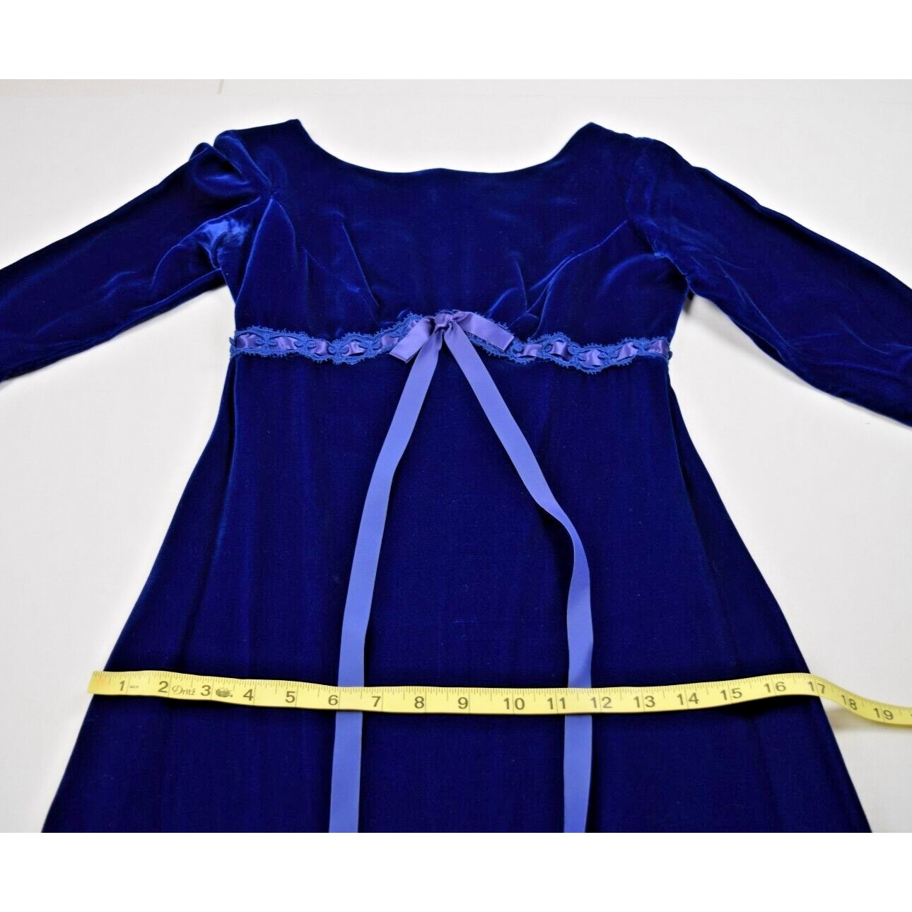 Vintage Dress Size S 70s Blue Velvet Ribbon Trim Empire Waist Button Back